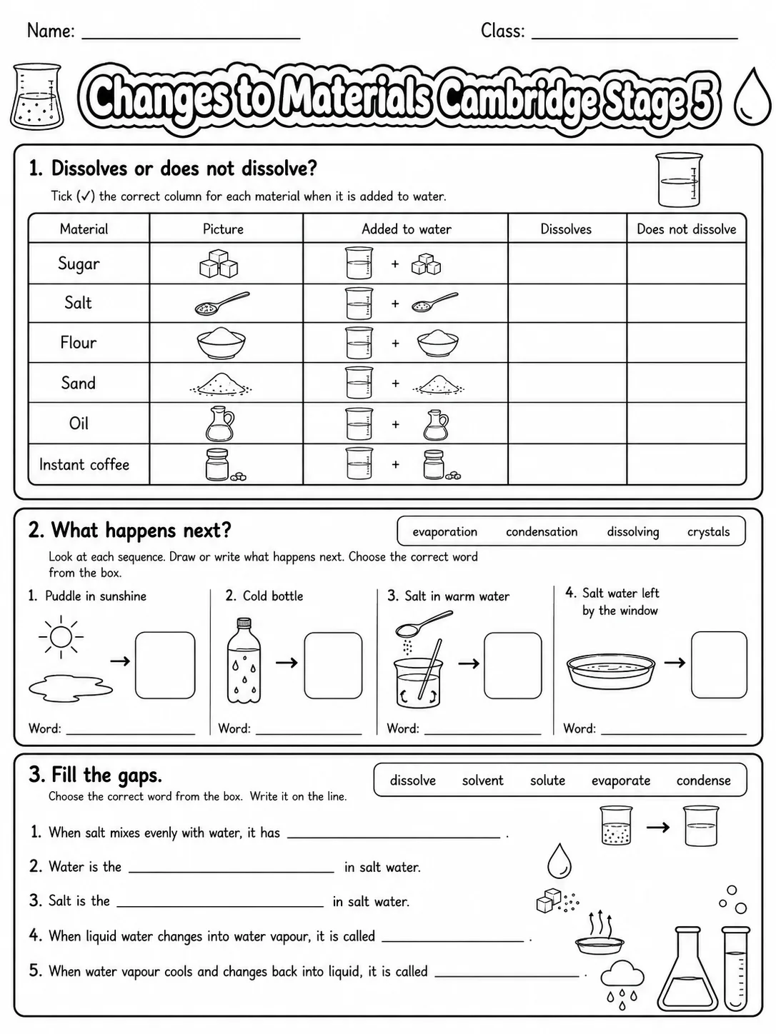 Changes to Materials Cambridge Stage 5 page 2 printable Cambridge science worksheet preview