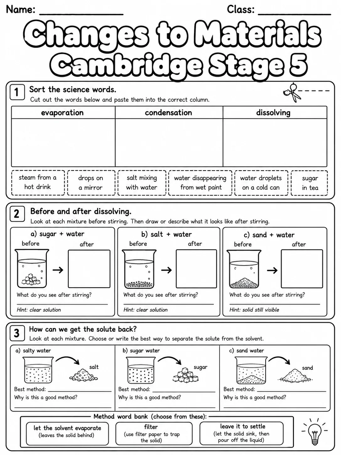 Changes to Materials Cambridge Stage 5 page 3 printable Cambridge science worksheet preview