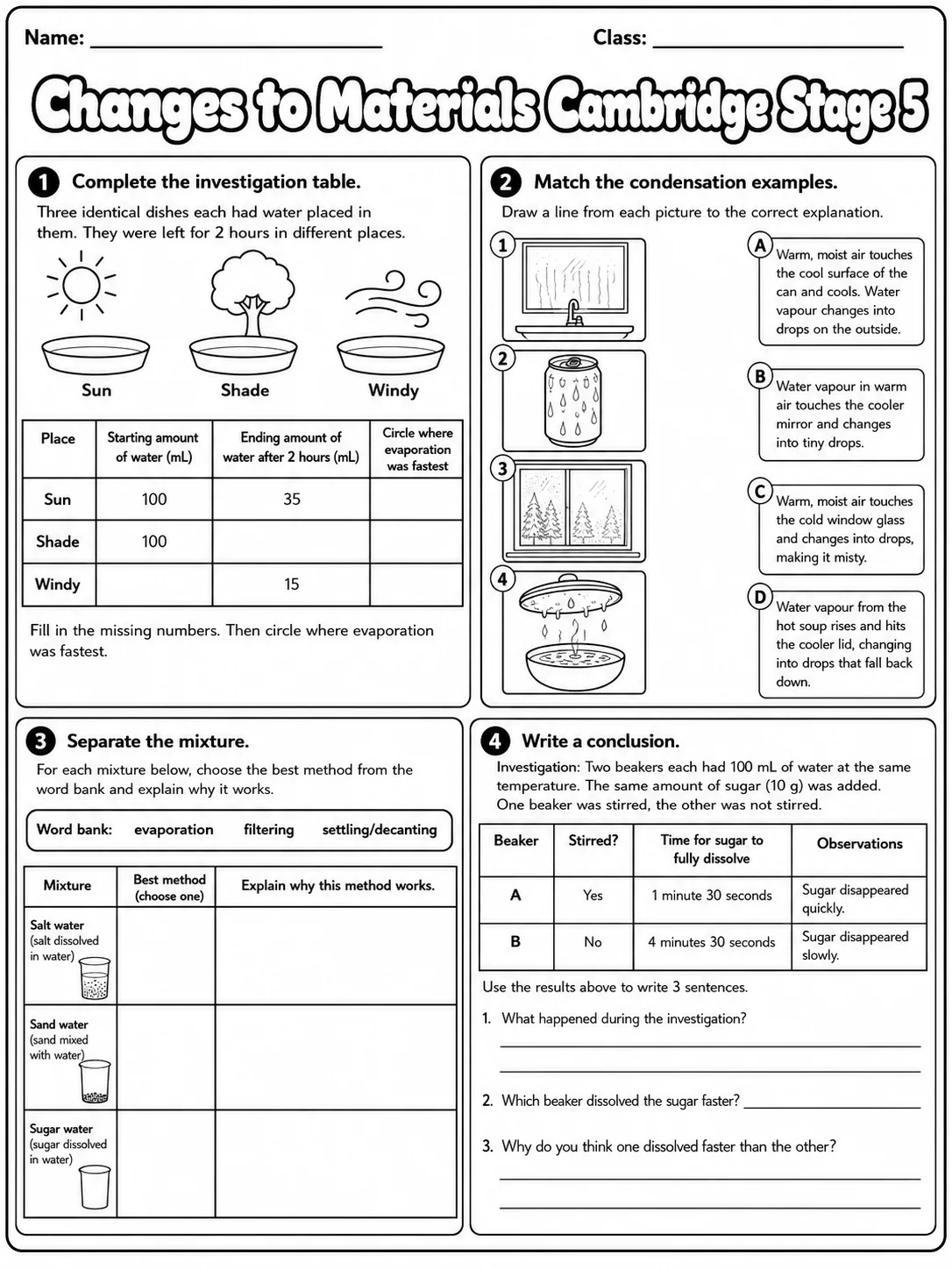 Changes to Materials Cambridge Stage 5 page 6 printable Cambridge science worksheet preview