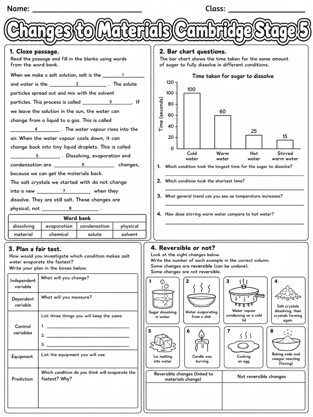 Changes to Materials Cambridge Stage 5 page 7 printable Cambridge science worksheet preview