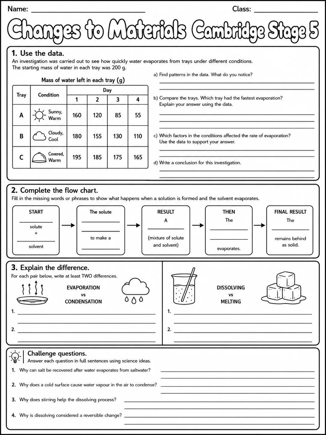 Changes to Materials Cambridge Stage 5 page 9 printable Cambridge science worksheet preview