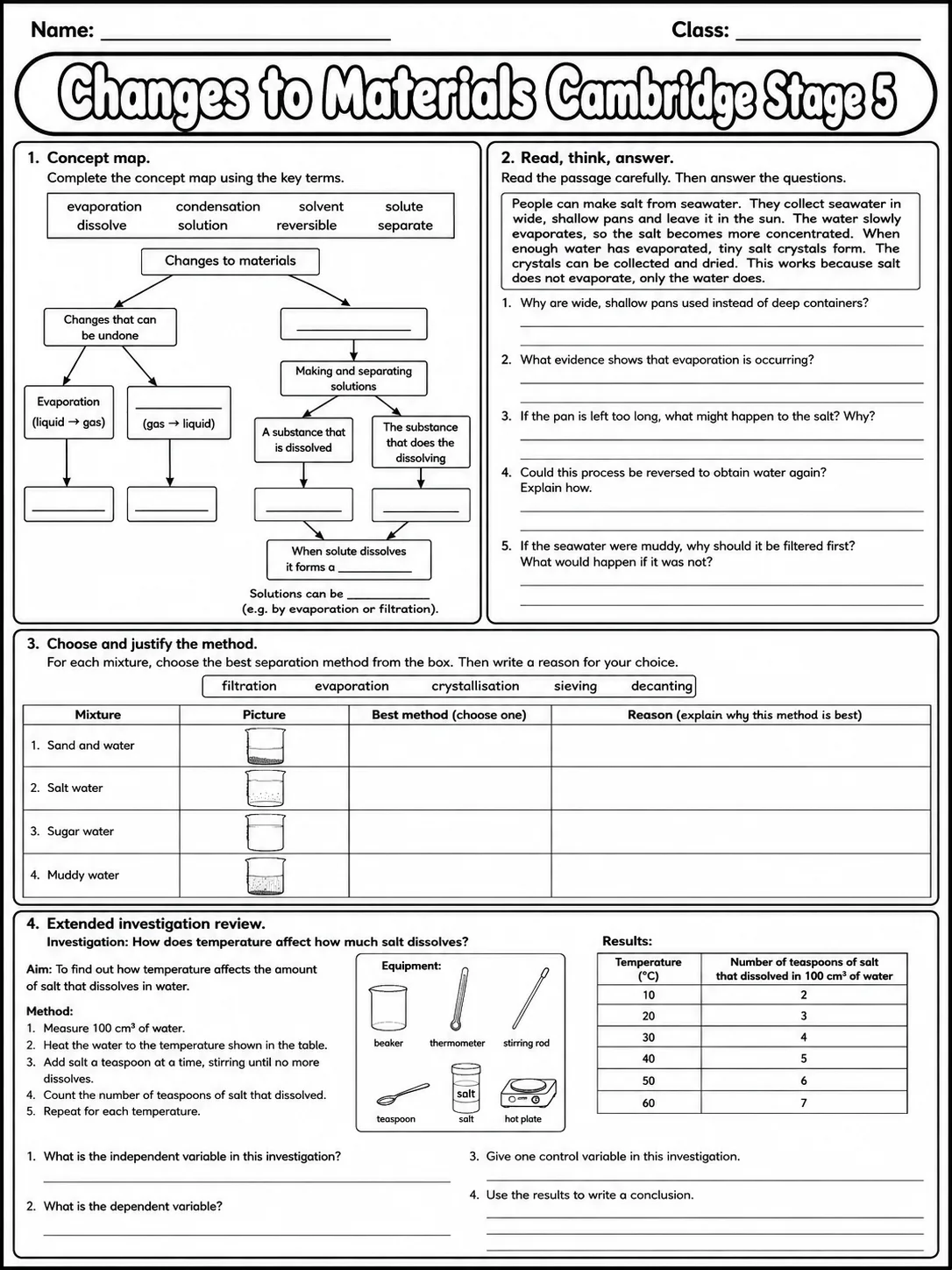 Changes to Materials Cambridge Stage 5 page 10 printable Cambridge science worksheet preview