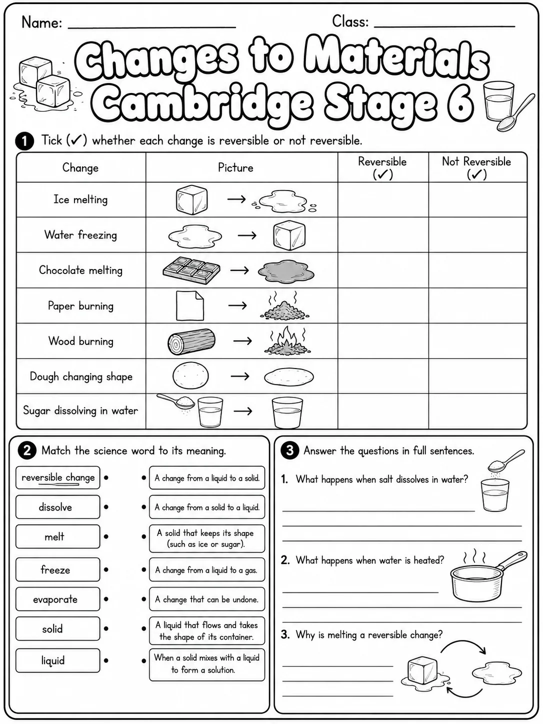Changes to Materials Cambridge Stage 6 printable Cambridge Primary Science Stage 6 worksheet preview from KiwiBee