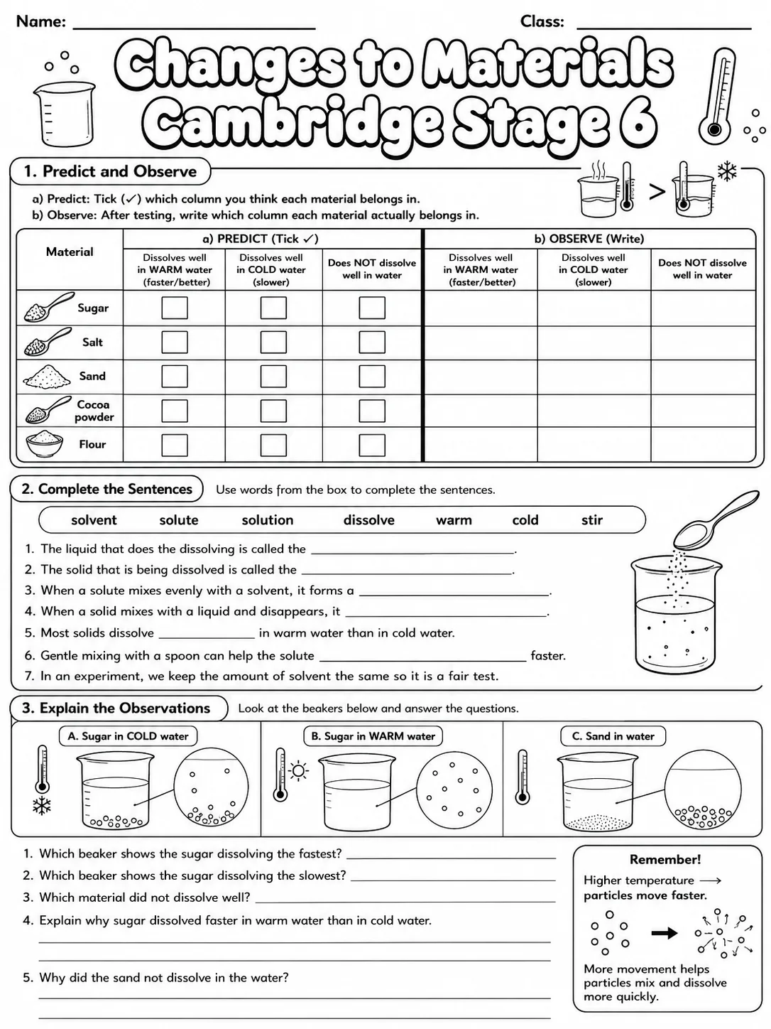 Changes to Materials Cambridge Stage 6 page 2 printable Cambridge science worksheet preview