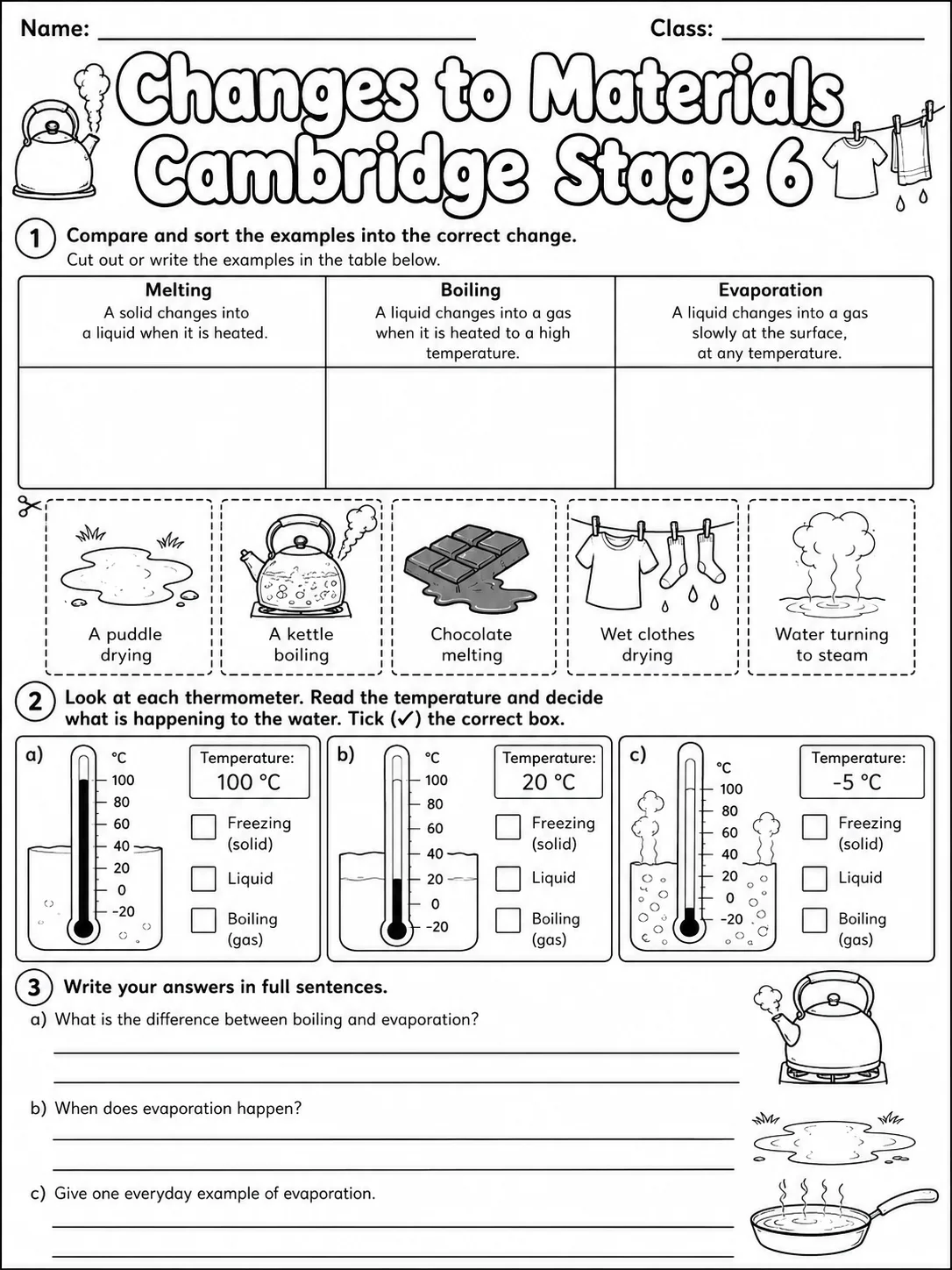 Changes to Materials Cambridge Stage 6 page 3 printable Cambridge science worksheet preview