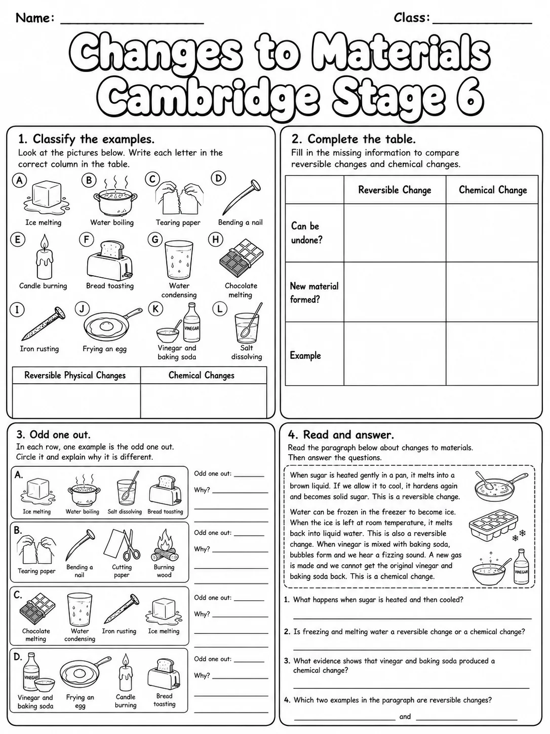 Changes to Materials Cambridge Stage 6 page 6 printable Cambridge science worksheet preview