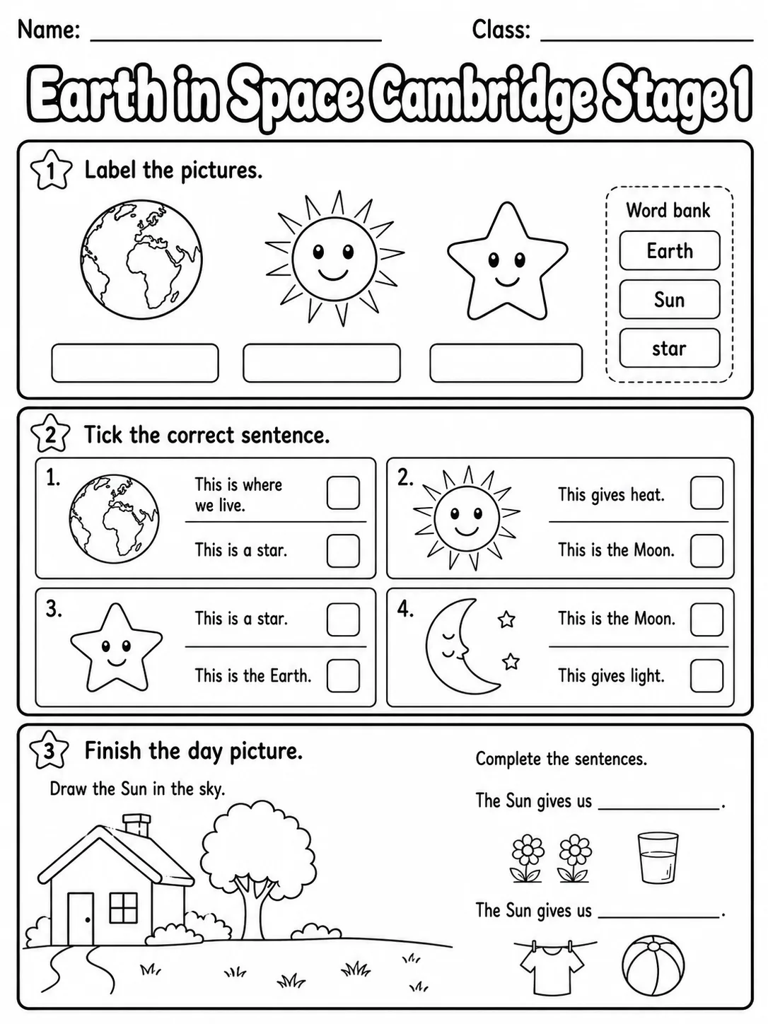 Earth in Space Cambridge Stage 1 page 2 printable Cambridge science worksheet preview