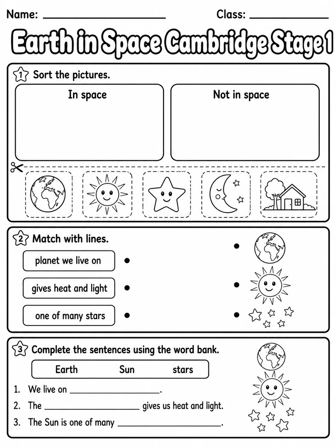 Earth in Space Cambridge Stage 1 page 3 printable Cambridge science worksheet preview