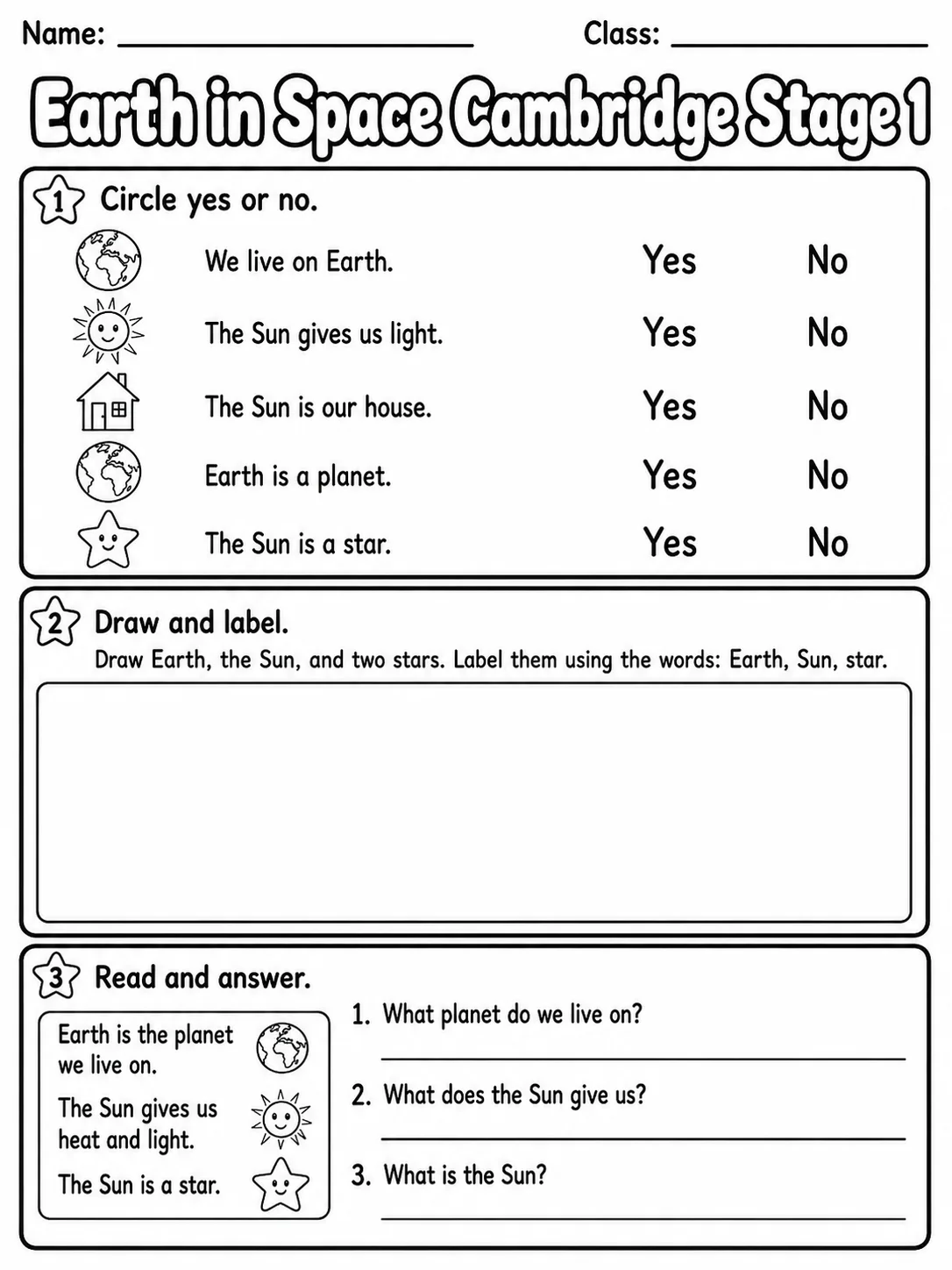 Earth in Space Cambridge Stage 1 page 4 printable Cambridge science worksheet preview