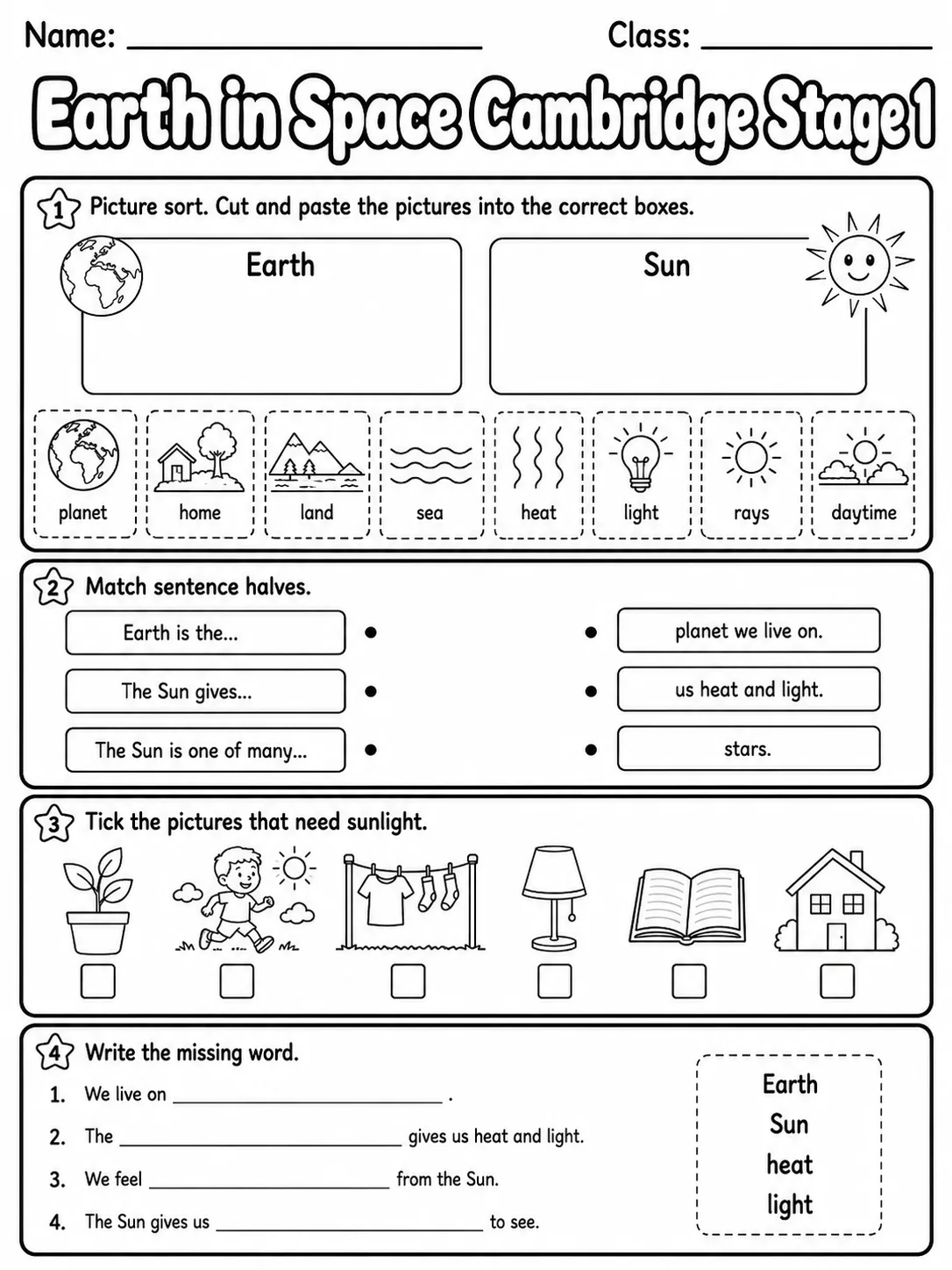 Earth in Space Cambridge Stage 1 page 5 printable Cambridge science worksheet preview