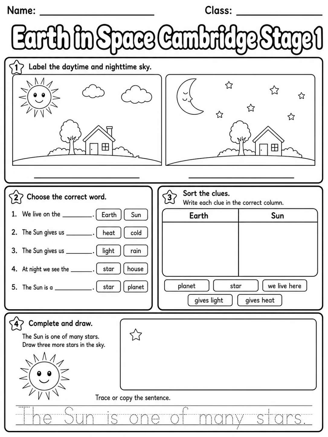 Earth in Space Cambridge Stage 1 page 6 printable Cambridge science worksheet preview