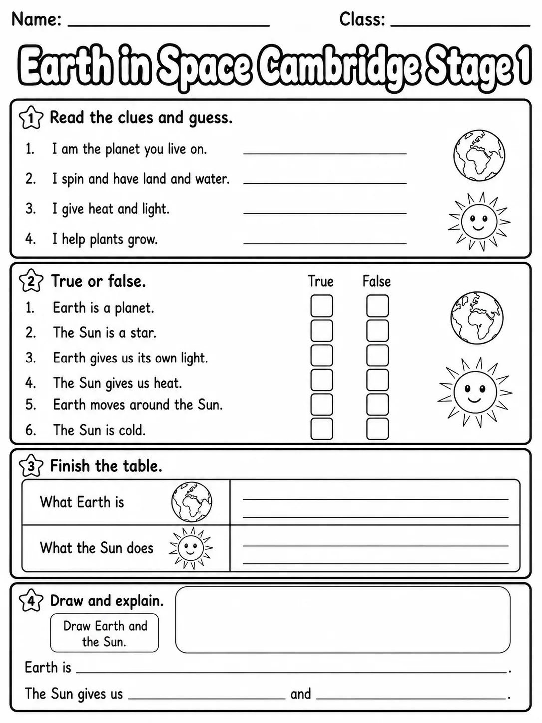Earth in Space Cambridge Stage 1 page 7 printable Cambridge science worksheet preview