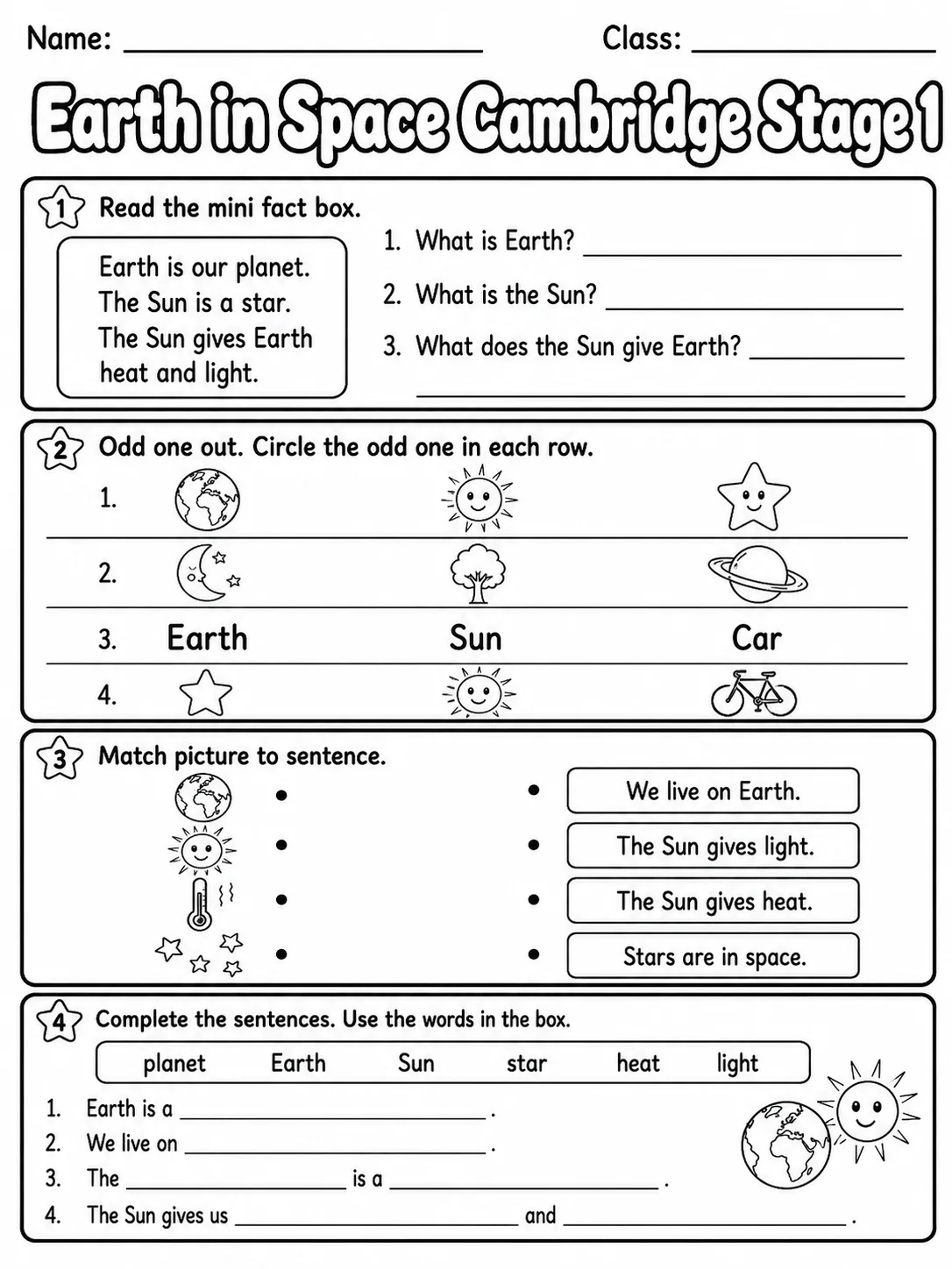 Earth in Space Cambridge Stage 1 page 8 printable Cambridge science worksheet preview