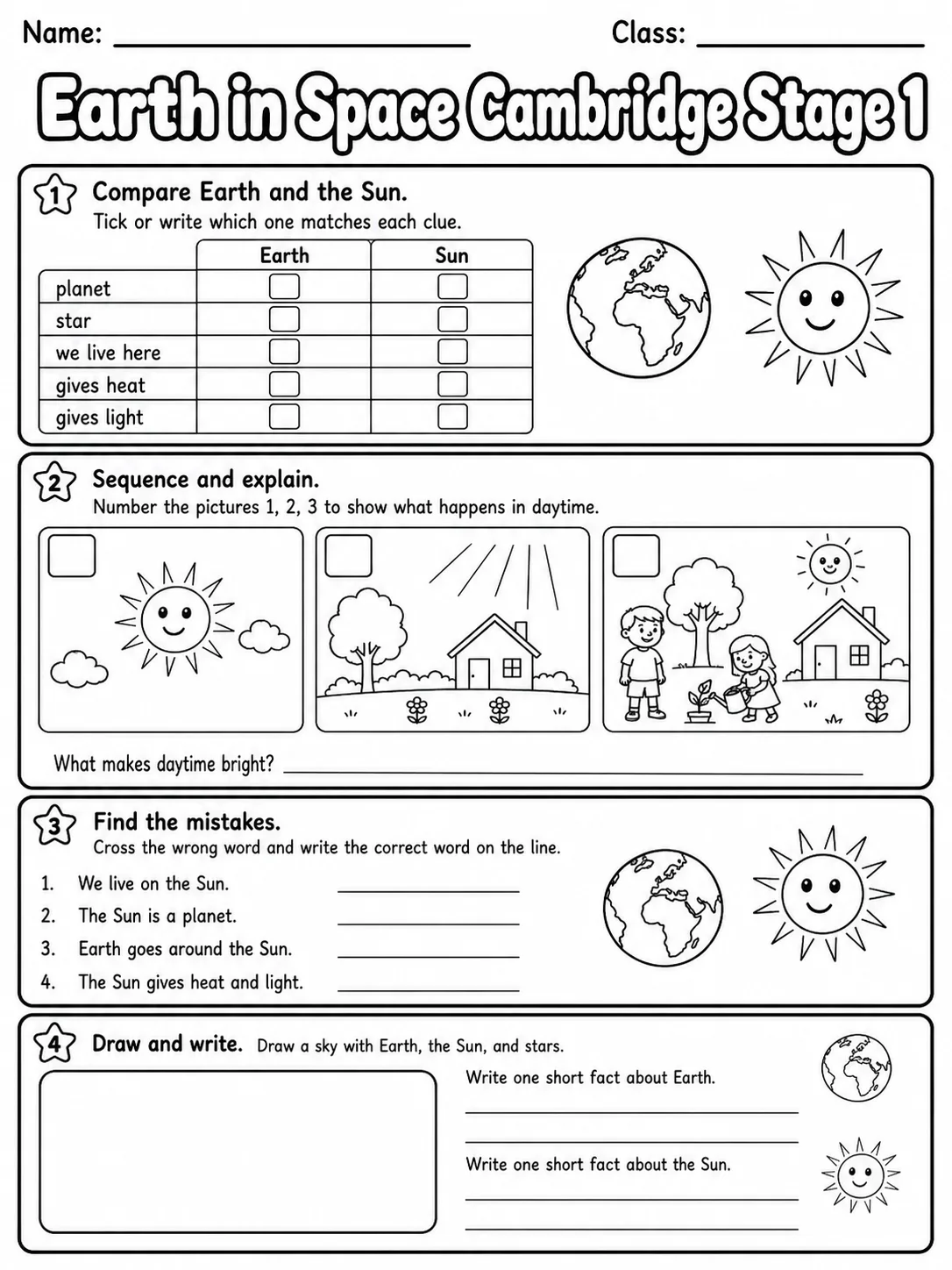 Earth in Space Cambridge Stage 1 page 9 printable Cambridge science worksheet preview