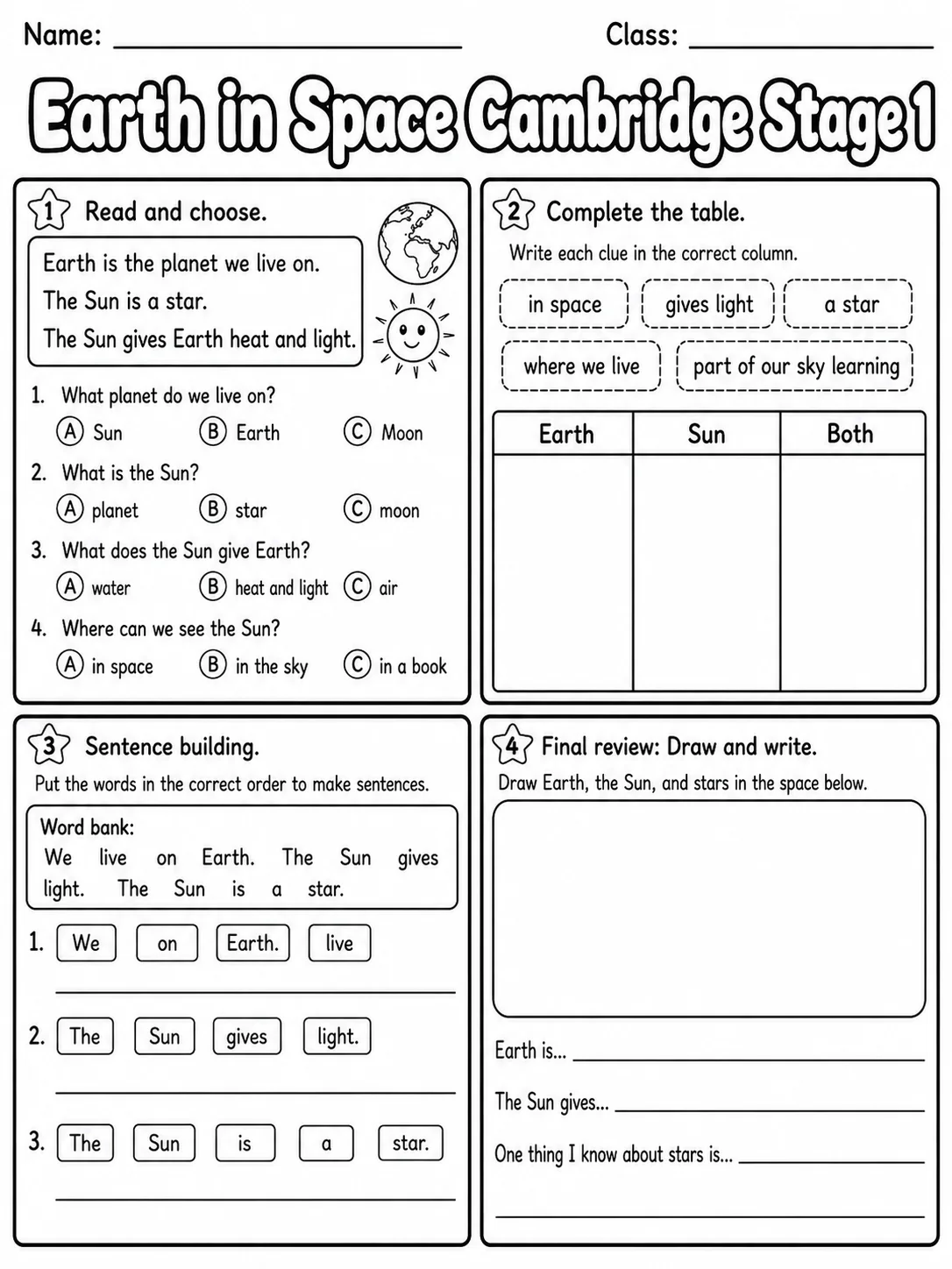 Earth in Space Cambridge Stage 1 page 10 printable Cambridge science worksheet preview