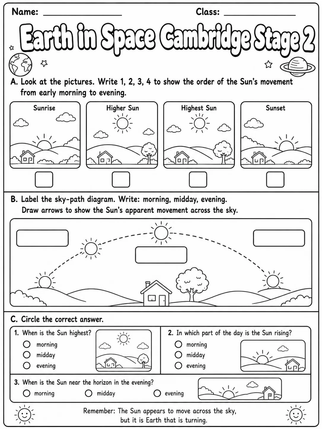 Earth in Space Cambridge Stage 2 page 3 printable Cambridge science worksheet preview