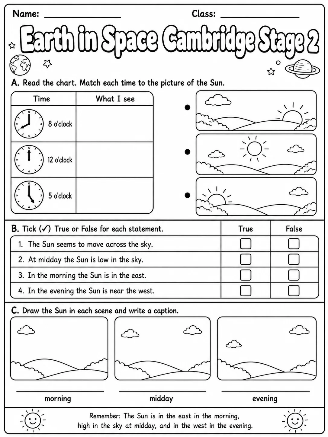 Earth in Space Cambridge Stage 2 page 4 printable Cambridge science worksheet preview