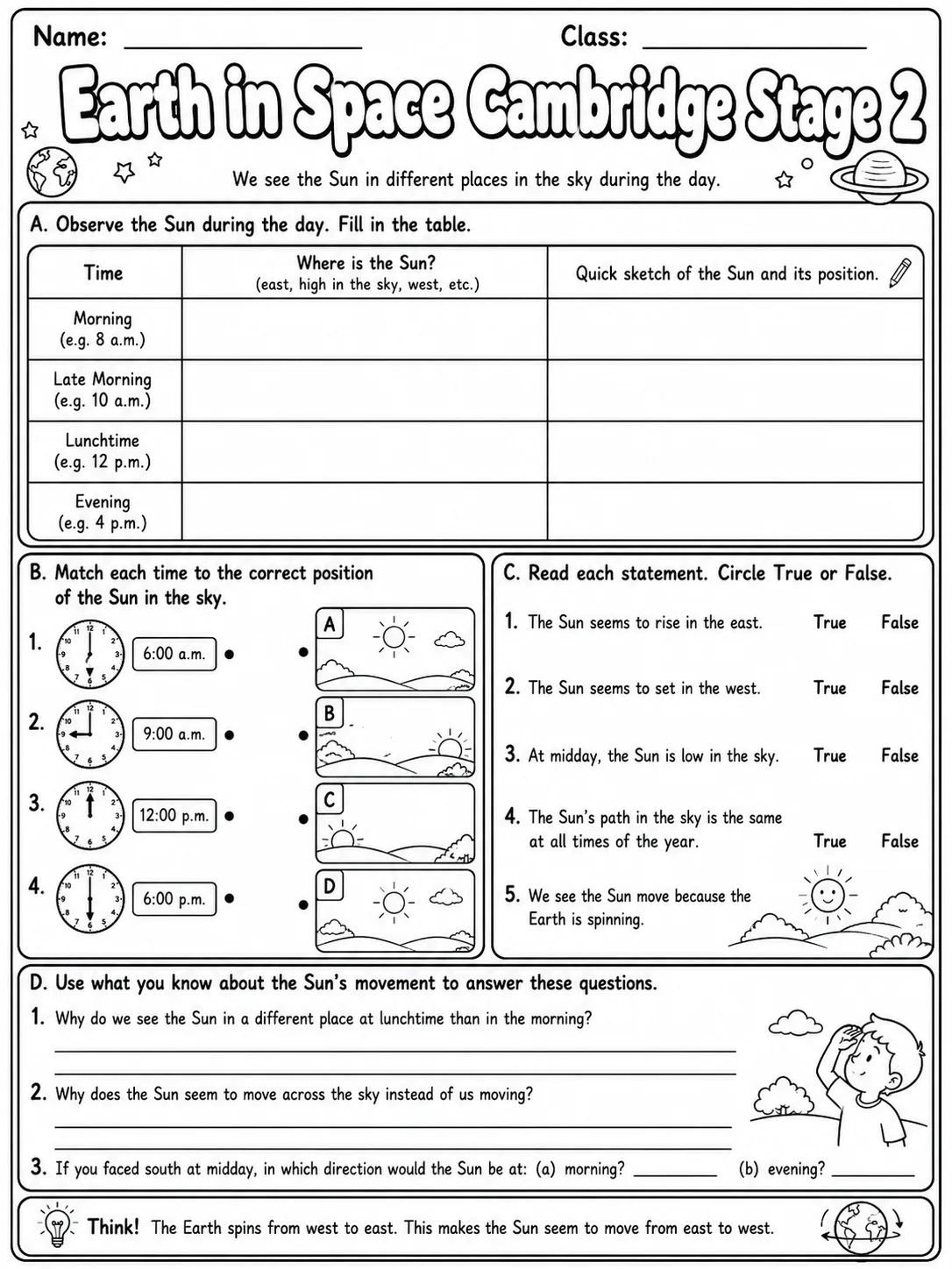 Earth in Space Cambridge Stage 2 page 8 printable Cambridge science worksheet preview