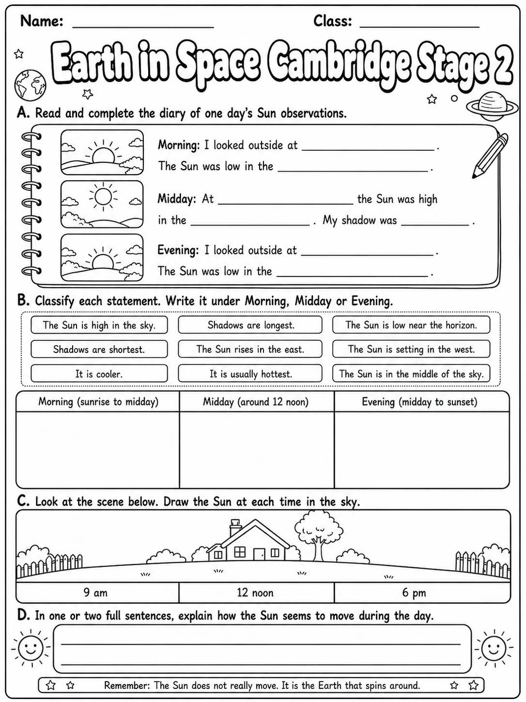 Earth in Space Cambridge Stage 2 page 9 printable Cambridge science worksheet preview