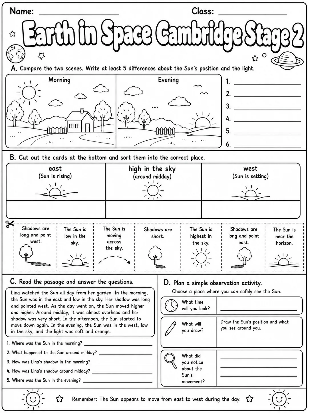 Earth in Space Cambridge Stage 2 page 10 printable Cambridge science worksheet preview