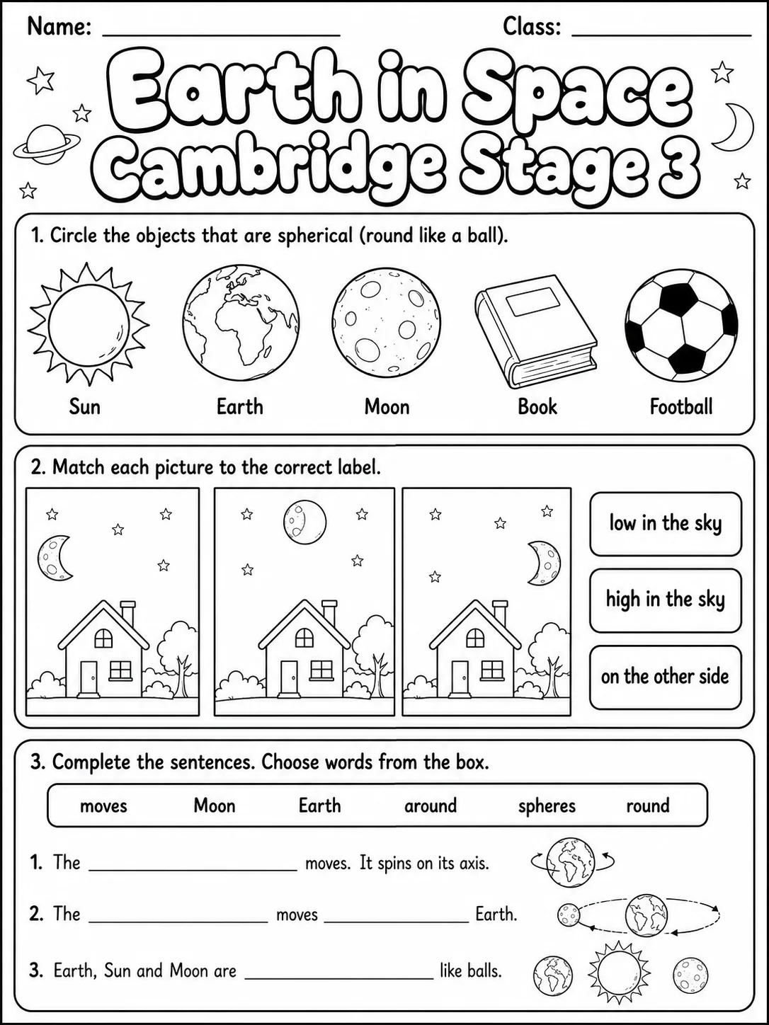 Earth in Space Cambridge Stage 3 printable Cambridge Primary Science Stage 3 worksheet preview from KiwiBee