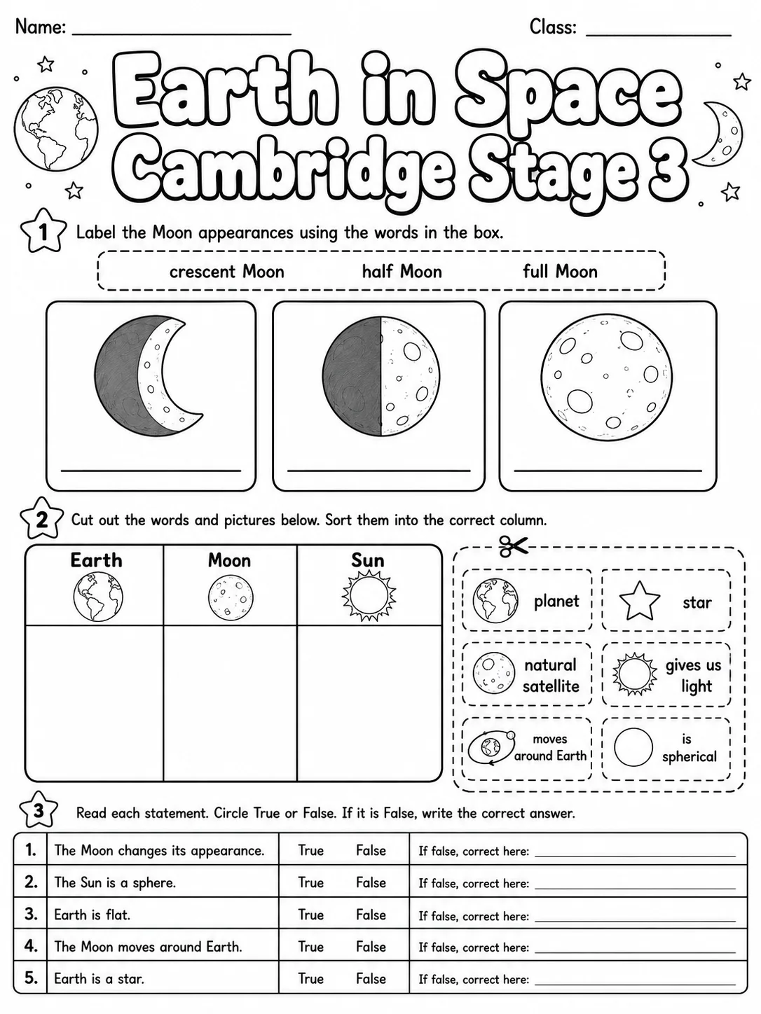 Earth in Space Cambridge Stage 3 page 2 printable Cambridge science worksheet preview