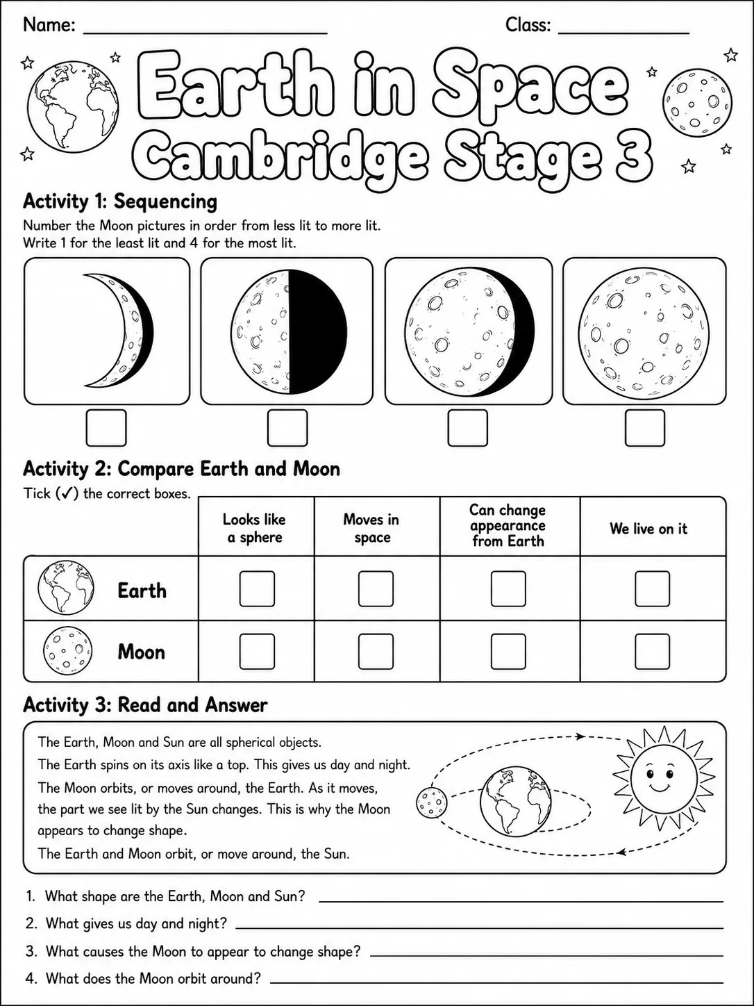 Earth in Space Cambridge Stage 3 page 3 printable Cambridge science worksheet preview