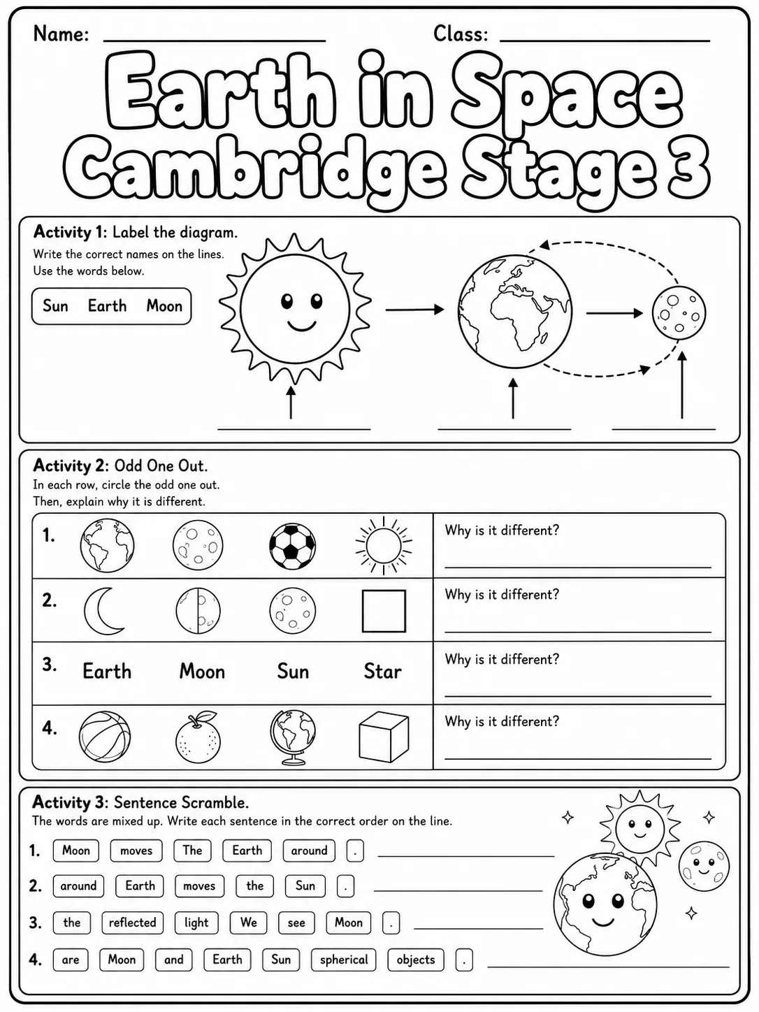 Earth in Space Cambridge Stage 3 page 4 printable Cambridge science worksheet preview