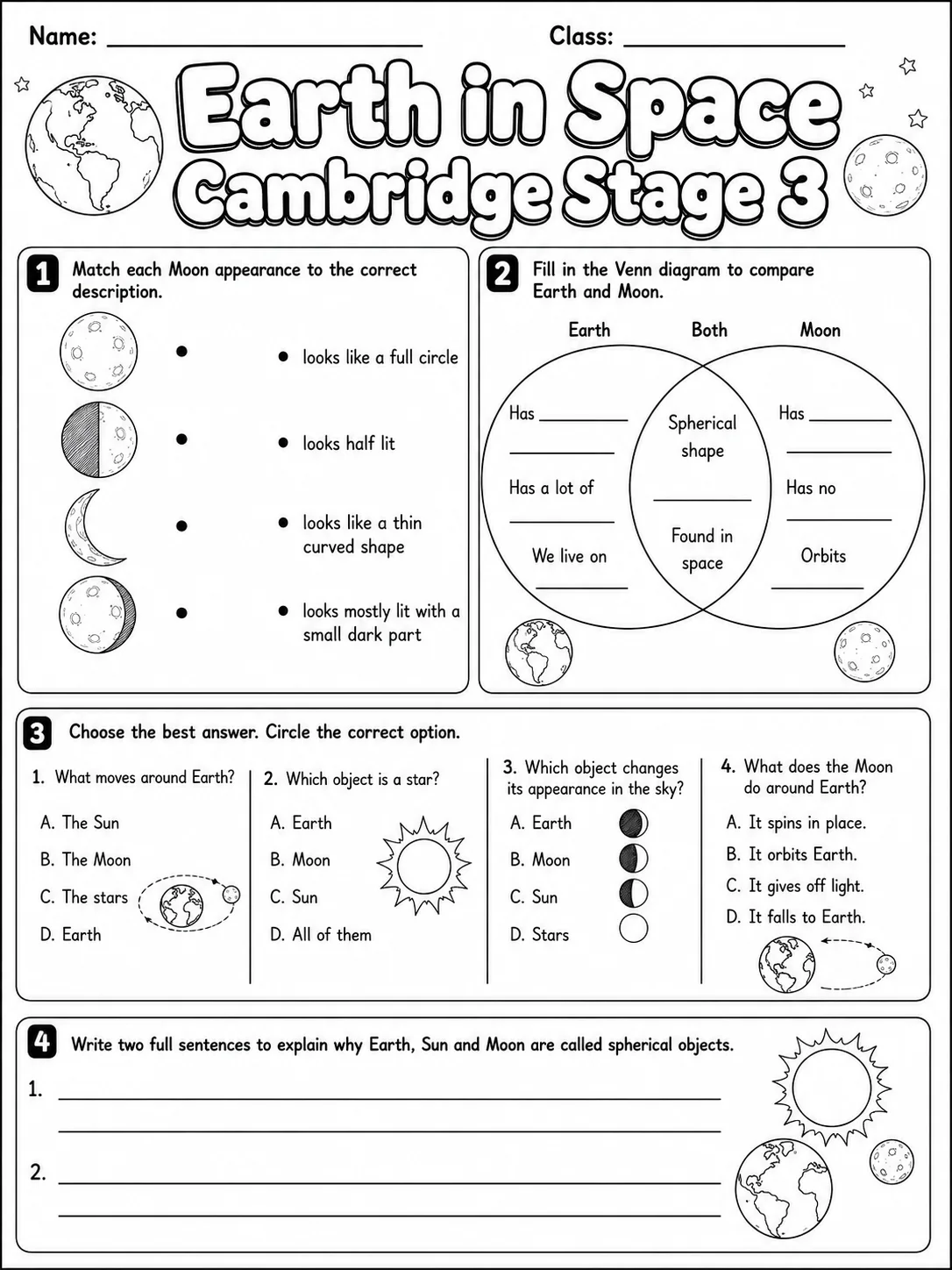 Earth in Space Cambridge Stage 3 page 5 printable Cambridge science worksheet preview