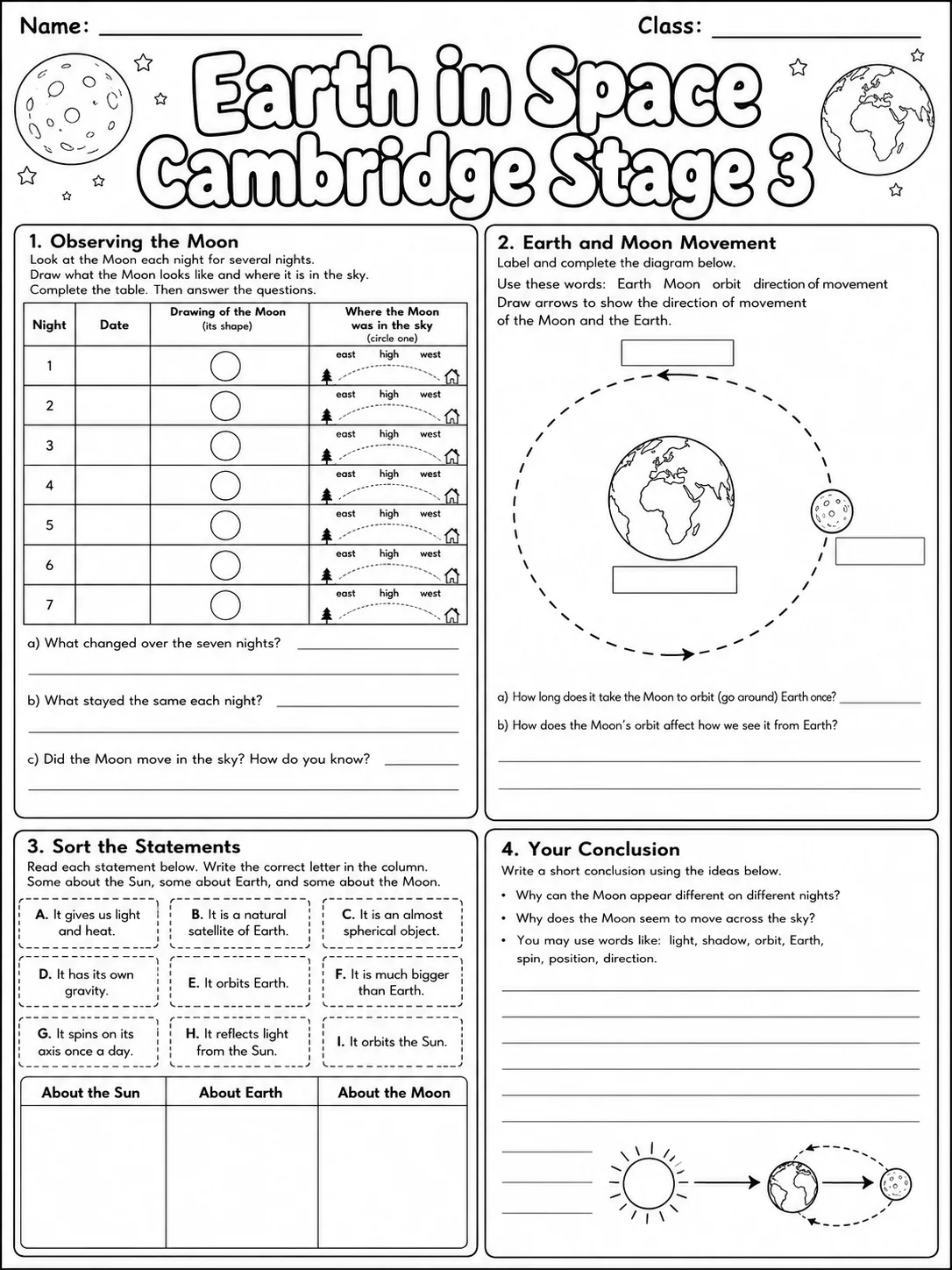 Earth in Space Cambridge Stage 3 page 6 printable Cambridge science worksheet preview