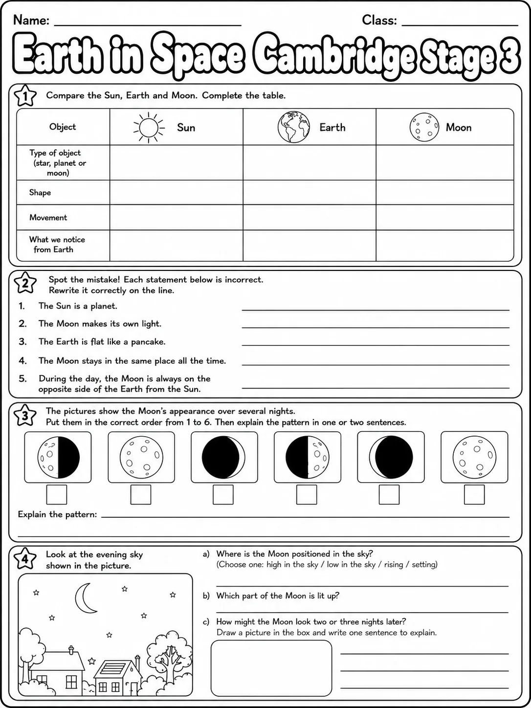 Earth in Space Cambridge Stage 3 page 7 printable Cambridge science worksheet preview