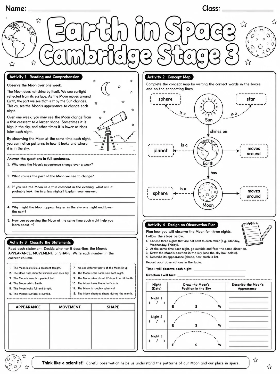 Earth in Space Cambridge Stage 3 page 8 printable Cambridge science worksheet preview