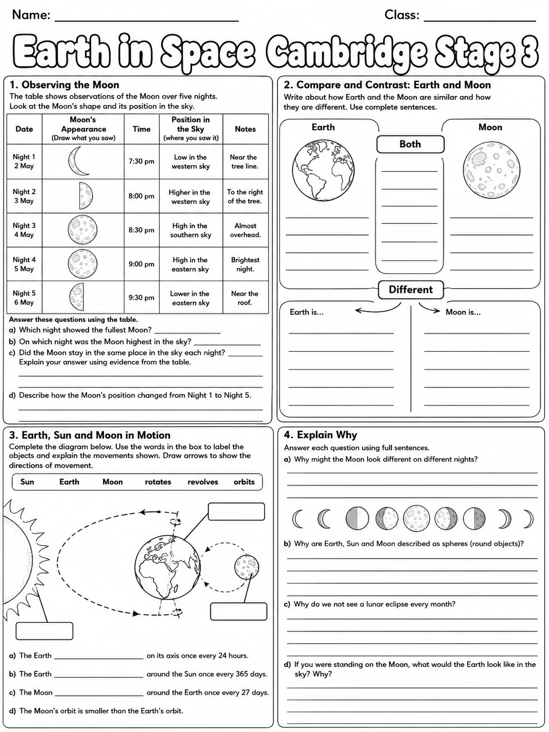 Earth in Space Cambridge Stage 3 page 9 printable Cambridge science worksheet preview
