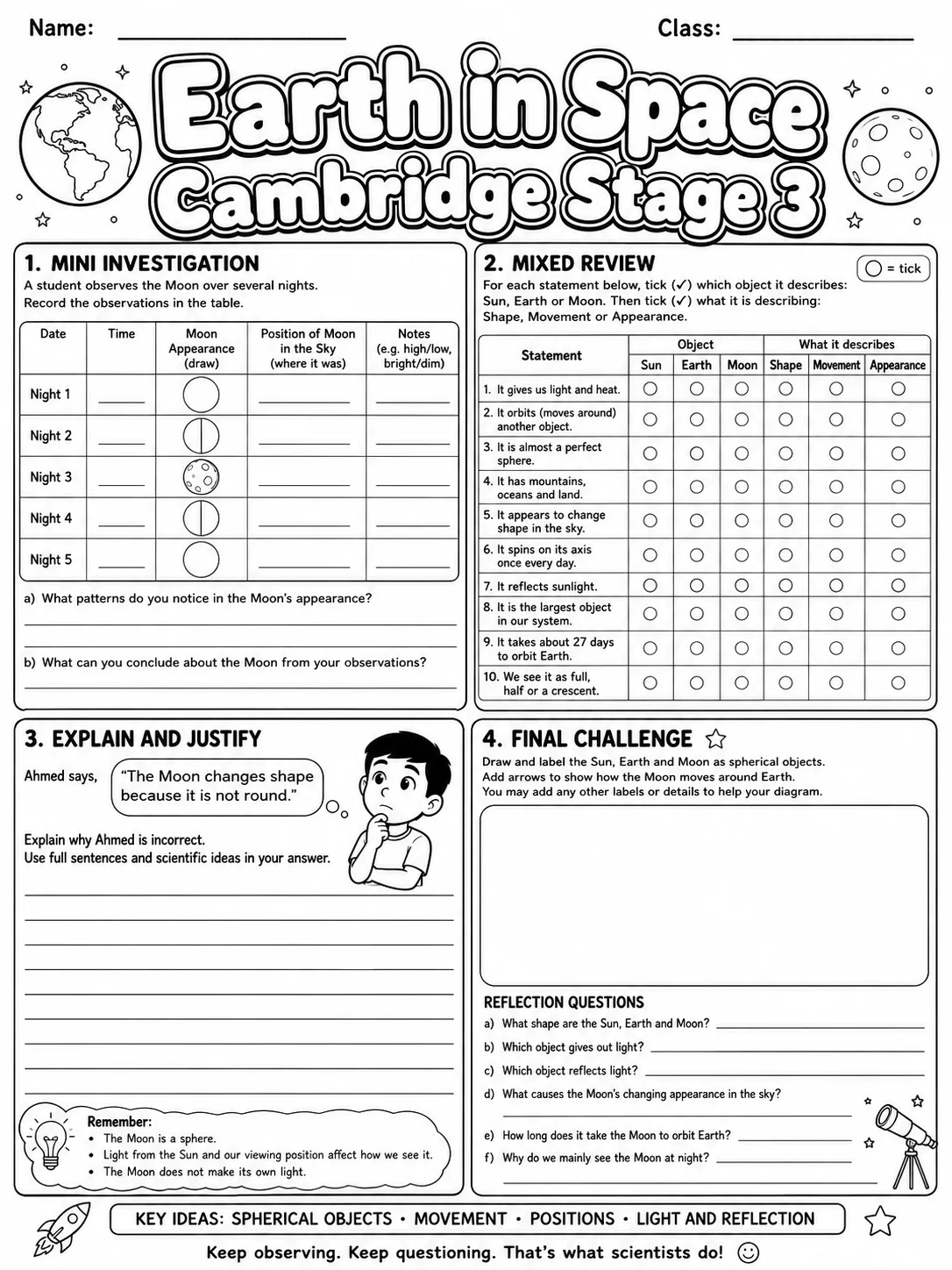 Earth in Space Cambridge Stage 3 page 10 printable Cambridge science worksheet preview