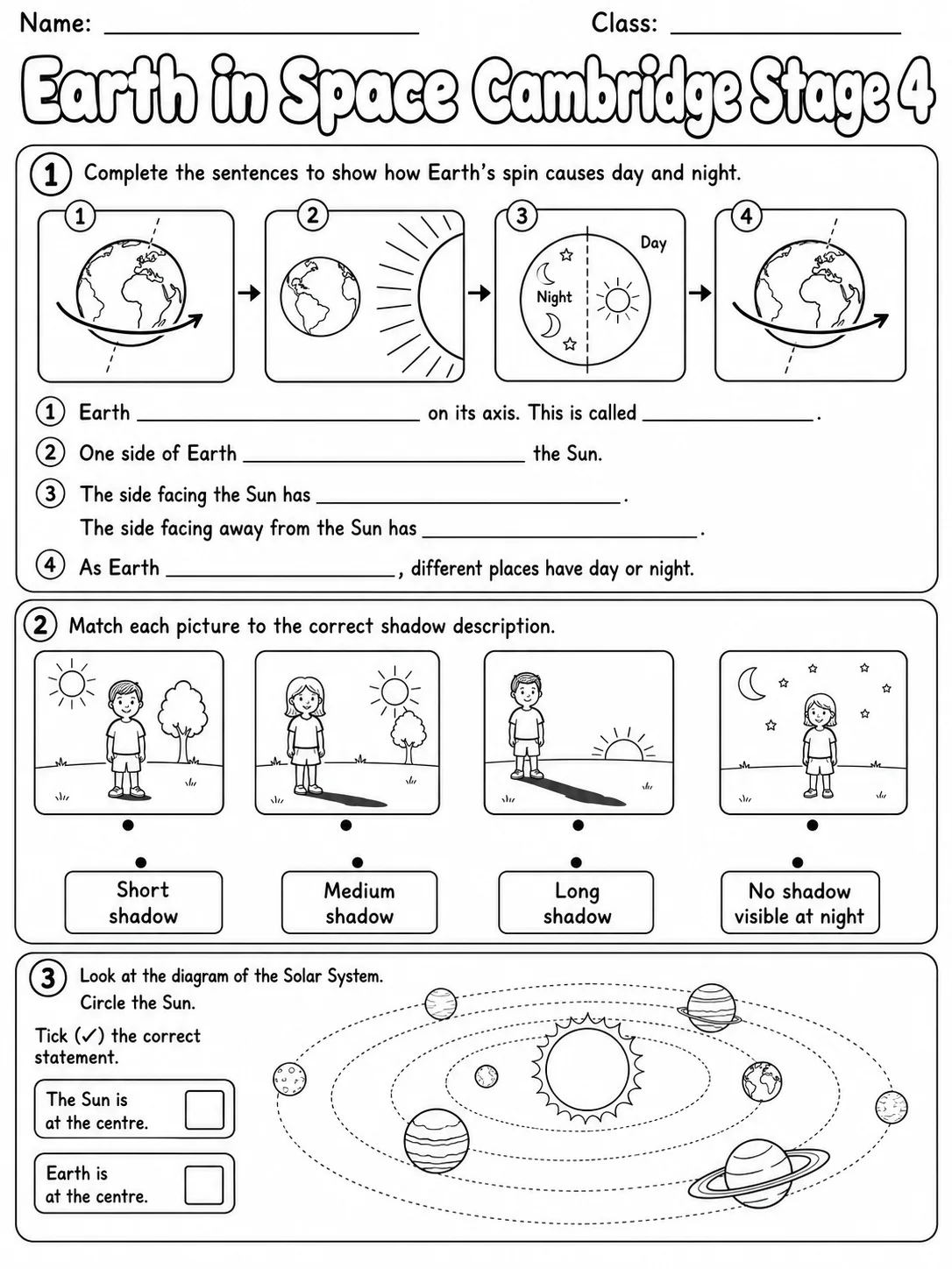 Earth in Space Cambridge Stage 4 page 2 printable Cambridge science worksheet preview