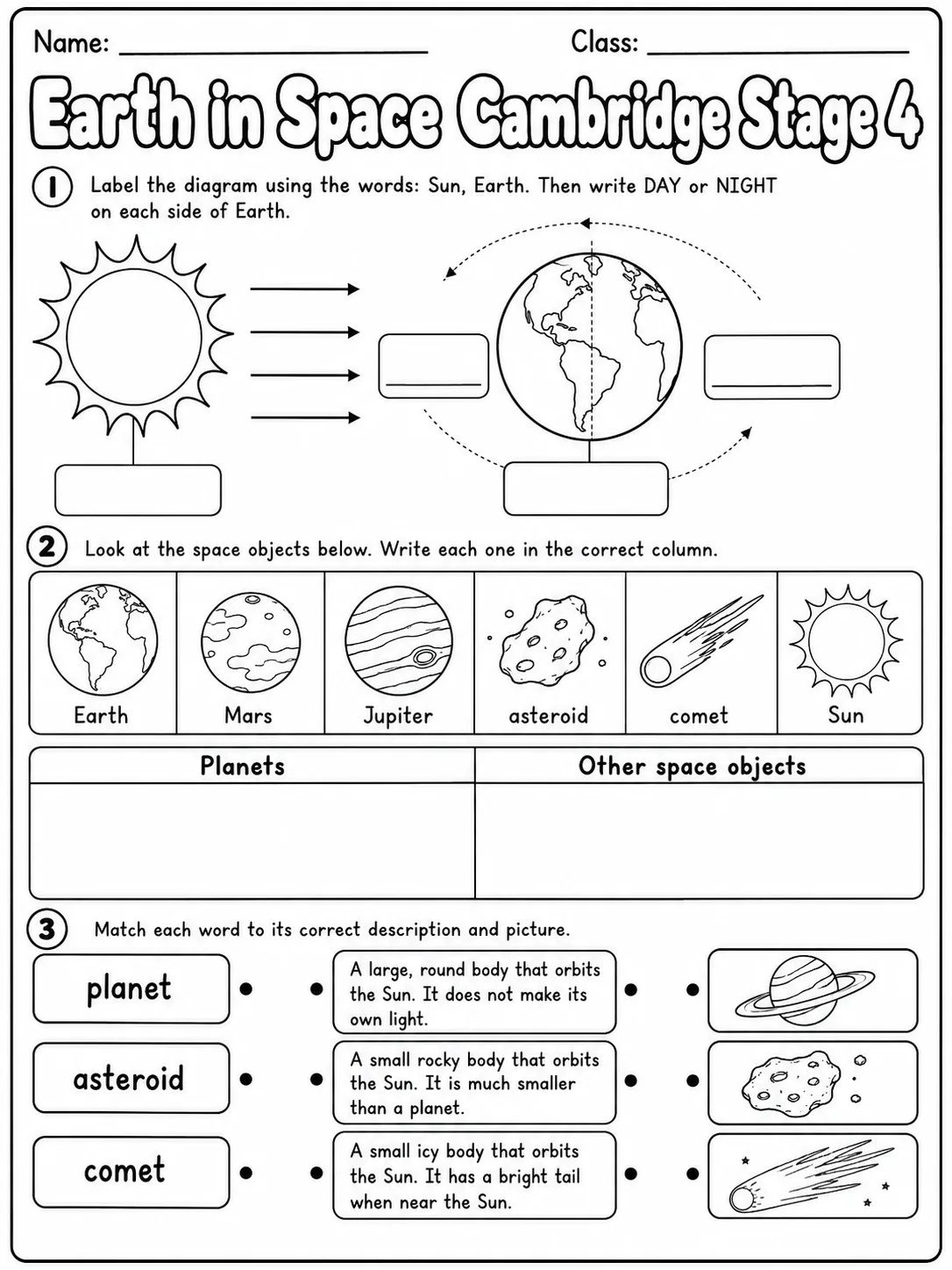 Earth in Space Cambridge Stage 4 page 3 printable Cambridge science worksheet preview