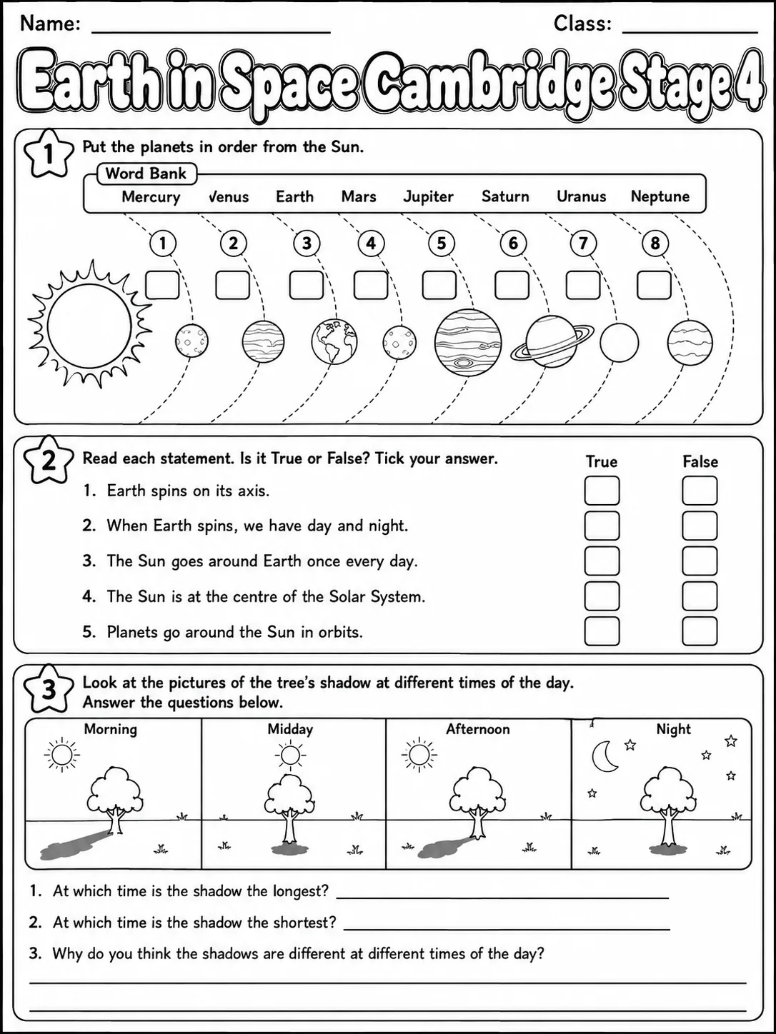 Earth in Space Cambridge Stage 4 page 4 printable Cambridge science worksheet preview