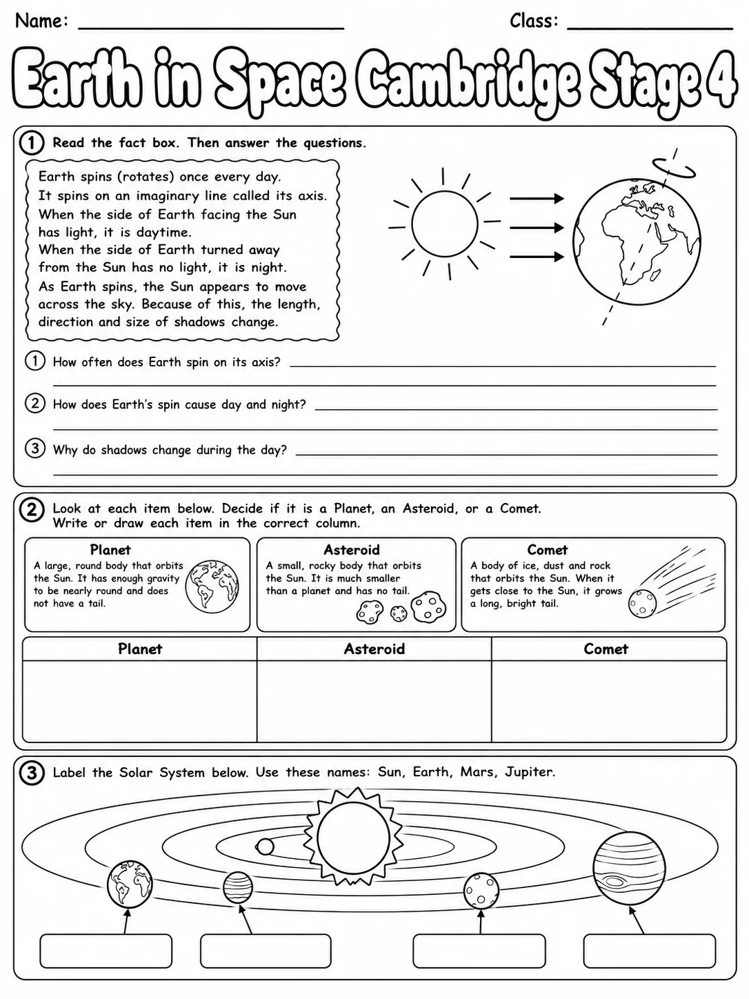 Earth in Space Cambridge Stage 4 page 5 printable Cambridge science worksheet preview