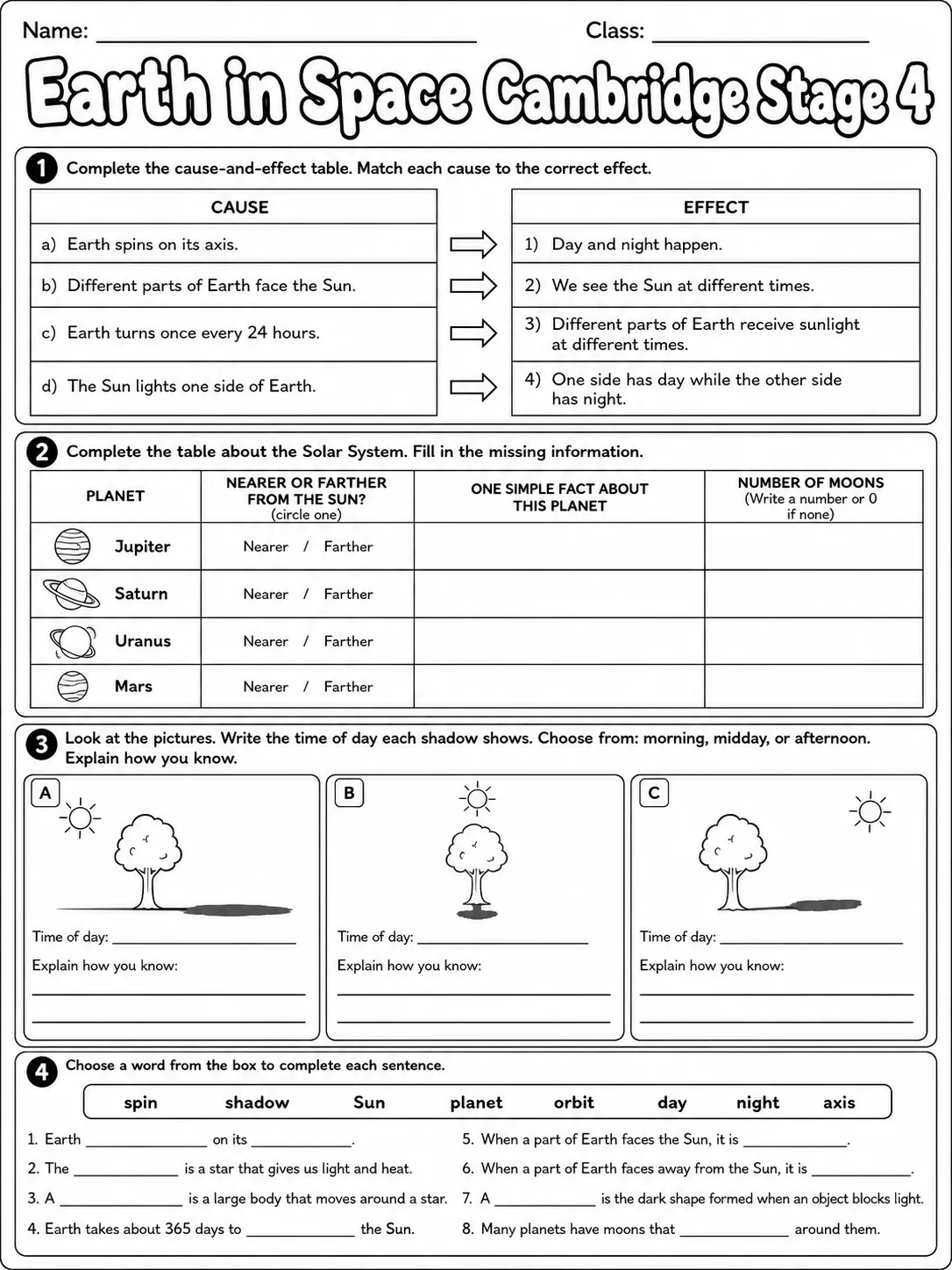 Earth in Space Cambridge Stage 4 page 6 printable Cambridge science worksheet preview