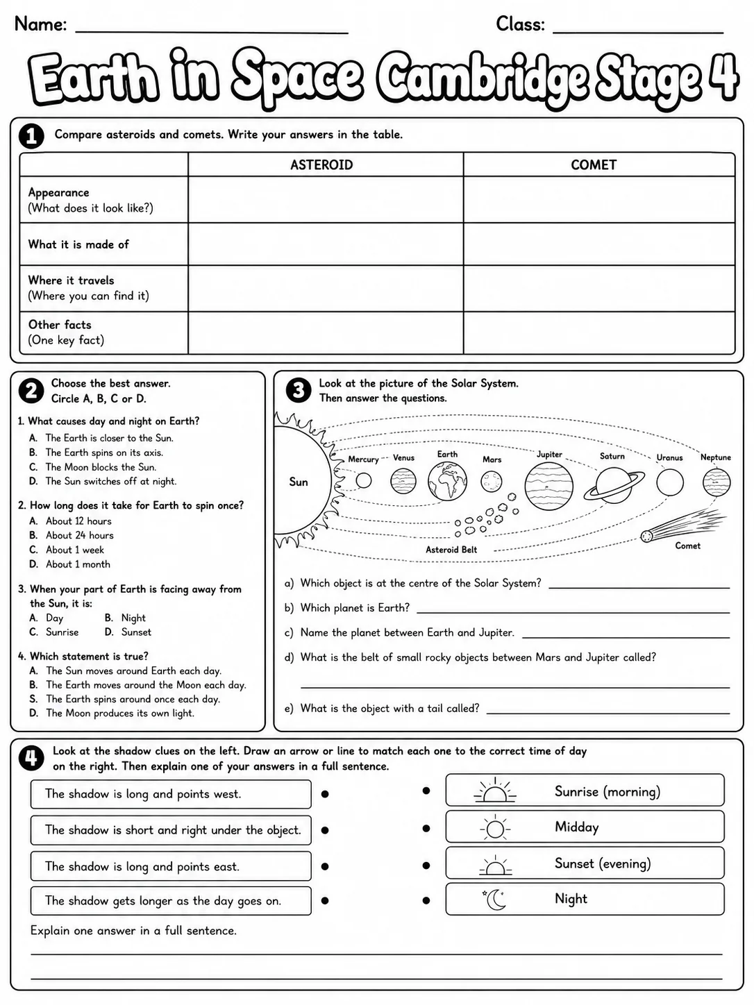 Earth in Space Cambridge Stage 4 page 7 printable Cambridge science worksheet preview