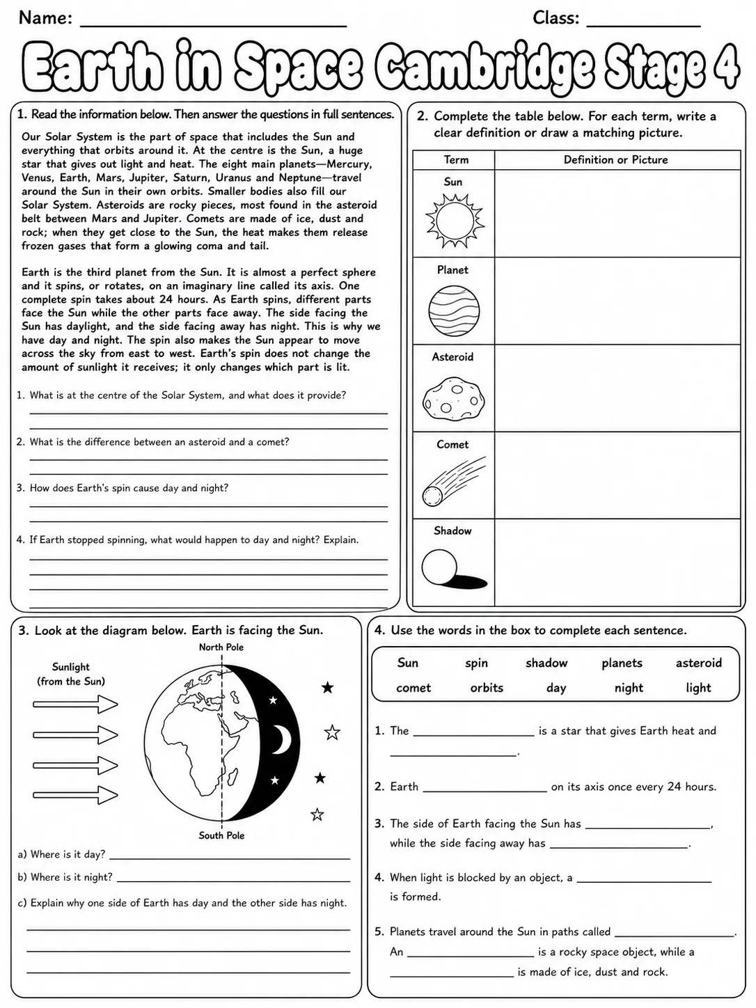 Earth in Space Cambridge Stage 4 page 8 printable Cambridge science worksheet preview