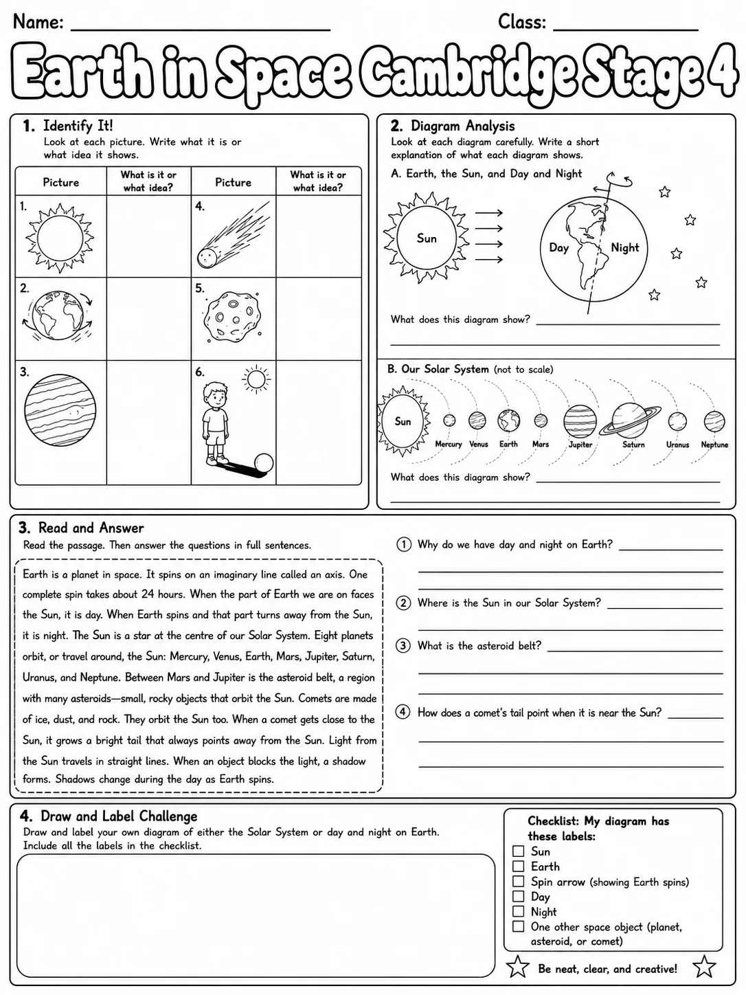 Earth in Space Cambridge Stage 4 page 9 printable Cambridge science worksheet preview