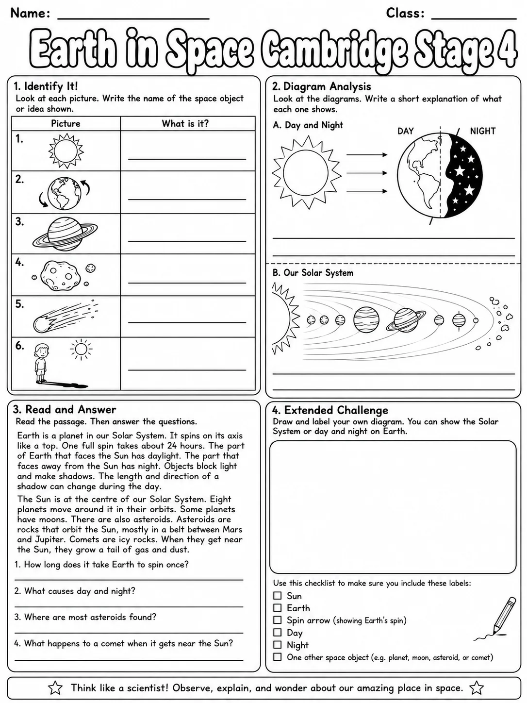 Earth in Space Cambridge Stage 4 page 10 printable Cambridge science worksheet preview