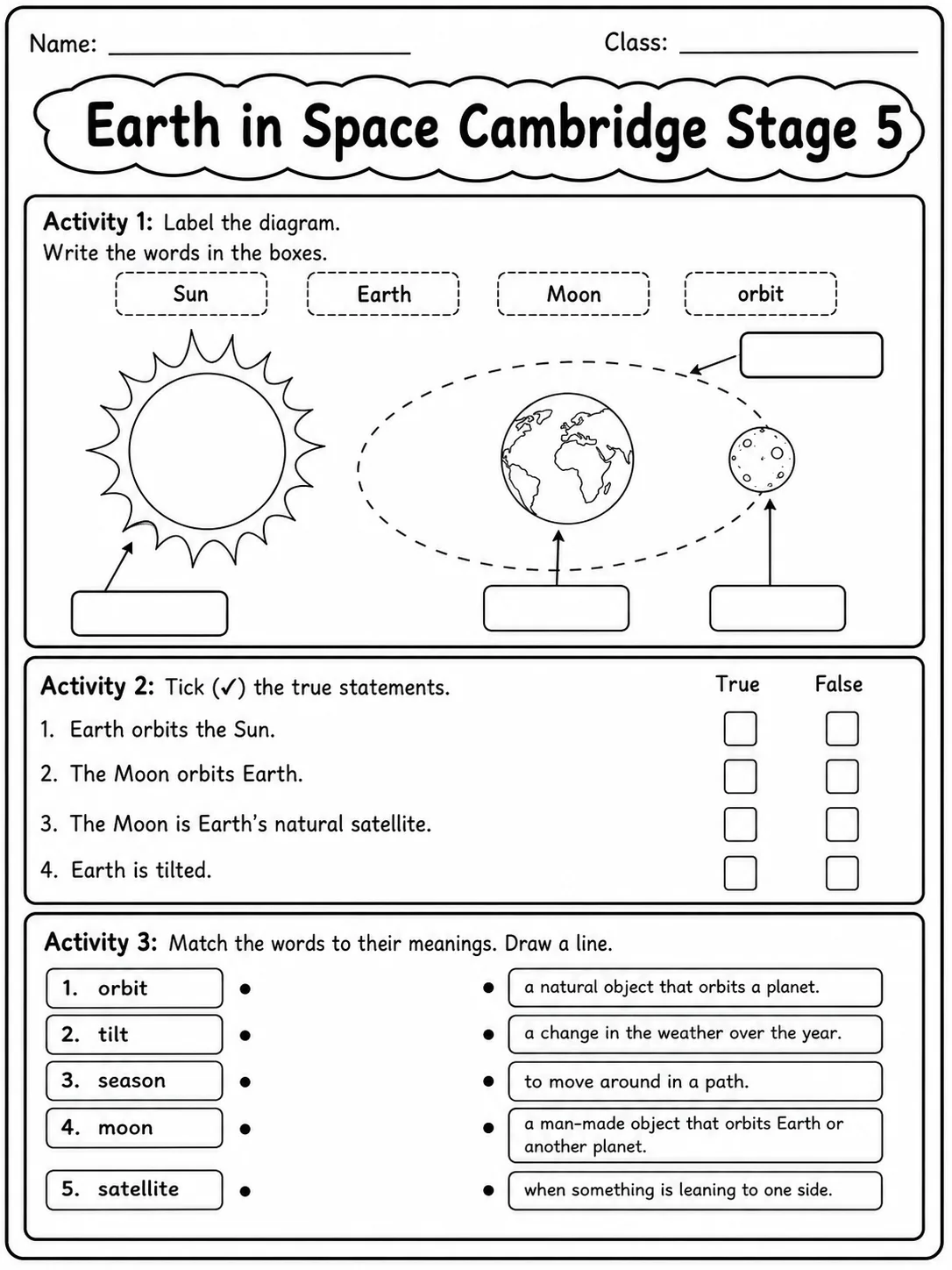 Earth in Space Cambridge Stage 5 printable Cambridge Primary Science Stage 5 worksheet preview from KiwiBee