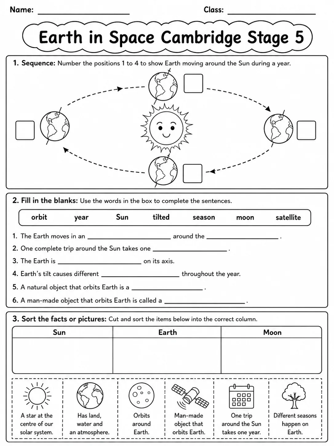 Earth in Space Cambridge Stage 5 page 2 printable Cambridge science worksheet preview