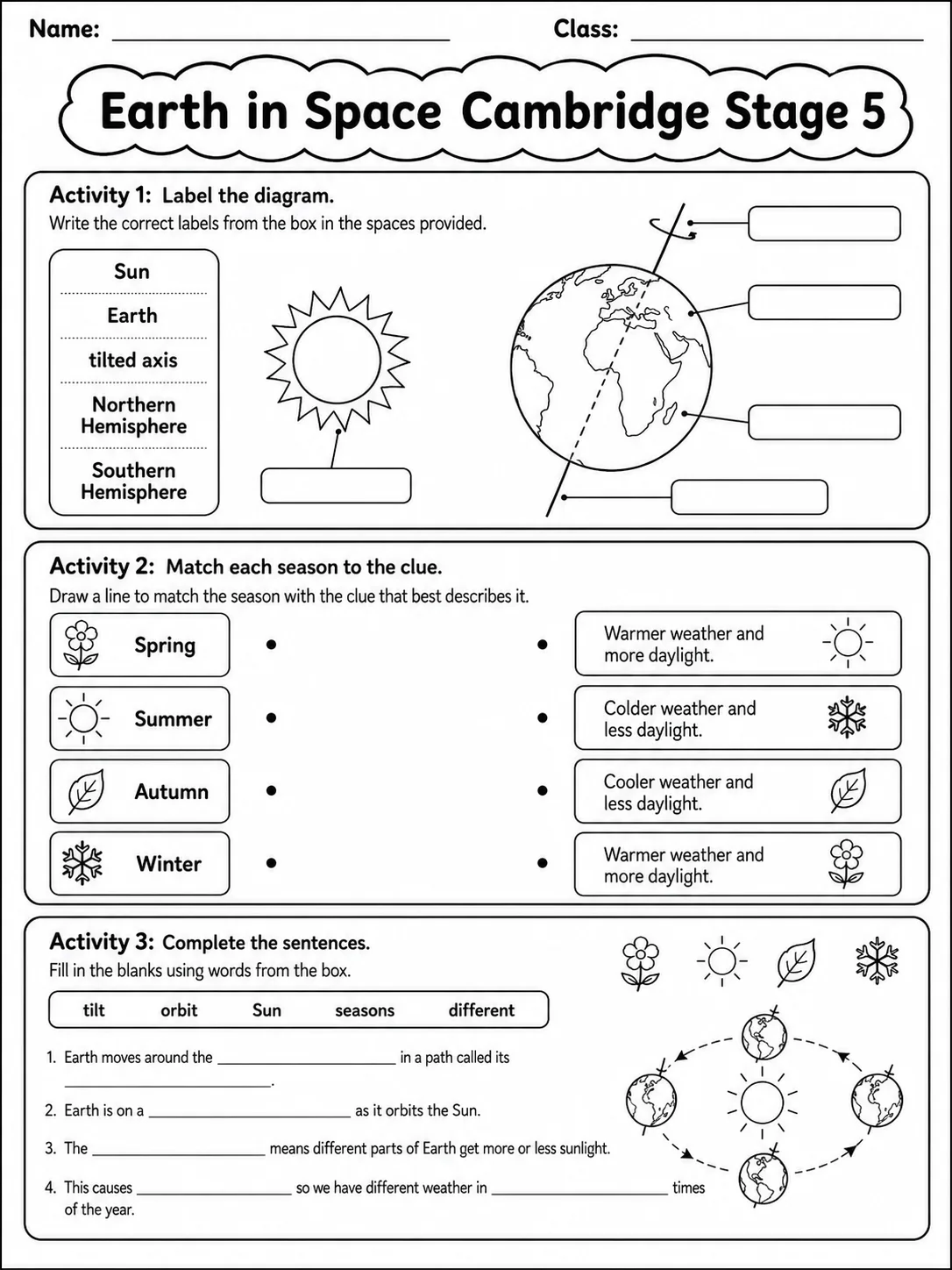 Earth in Space Cambridge Stage 5 page 3 printable Cambridge science worksheet preview