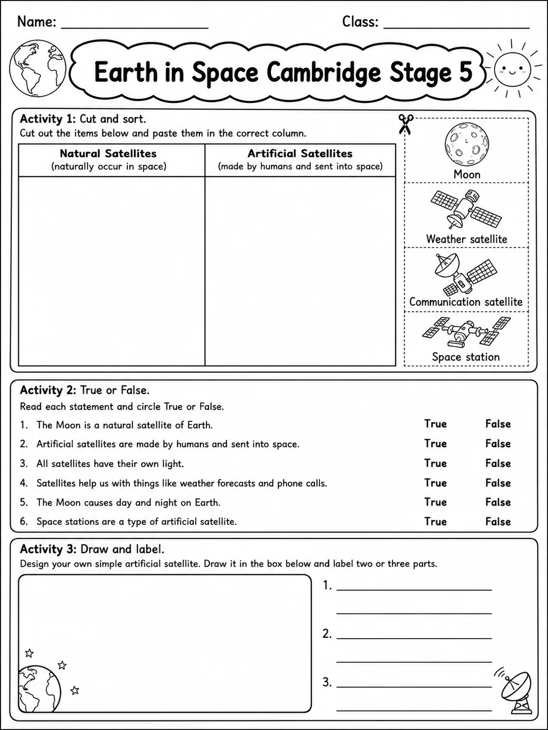 Earth in Space Cambridge Stage 5 page 4 printable Cambridge science worksheet preview