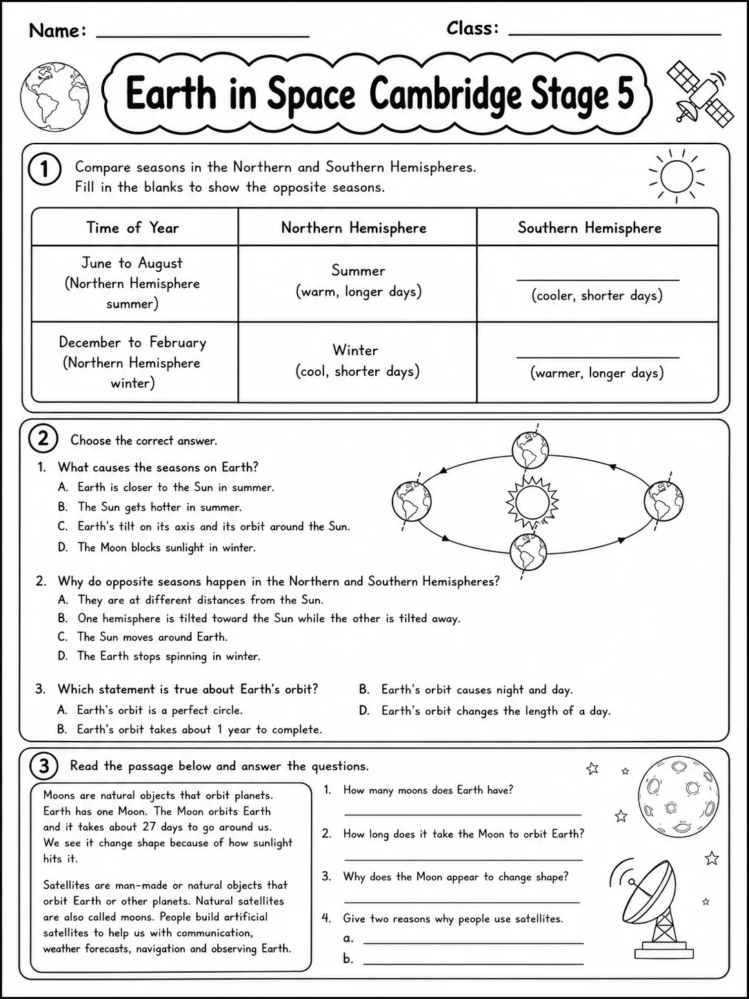 Earth in Space Cambridge Stage 5 page 5 printable Cambridge science worksheet preview