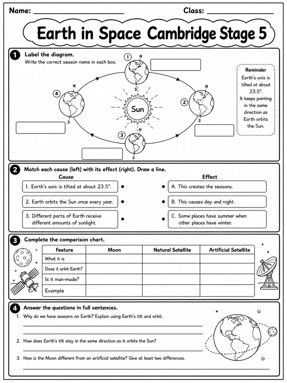 Earth in Space Cambridge Stage 5 page 6 printable Cambridge science worksheet preview