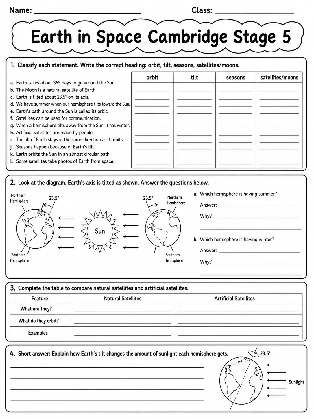 Earth in Space Cambridge Stage 5 page 7 printable Cambridge science worksheet preview